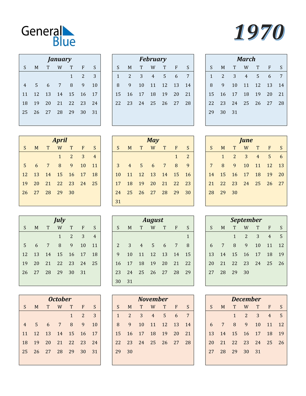 1970 Calendar (Pdf, Word, Excel)