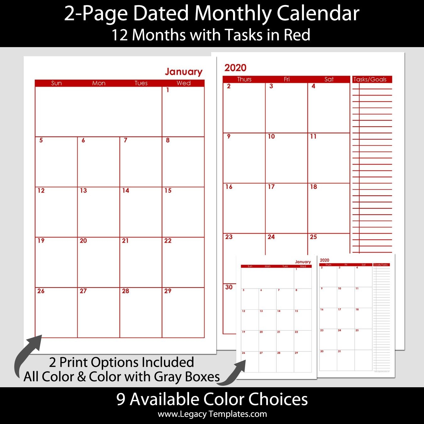 2-Page Dated Monthly Calendar In Red 5.5 X 8.5 | Legacy