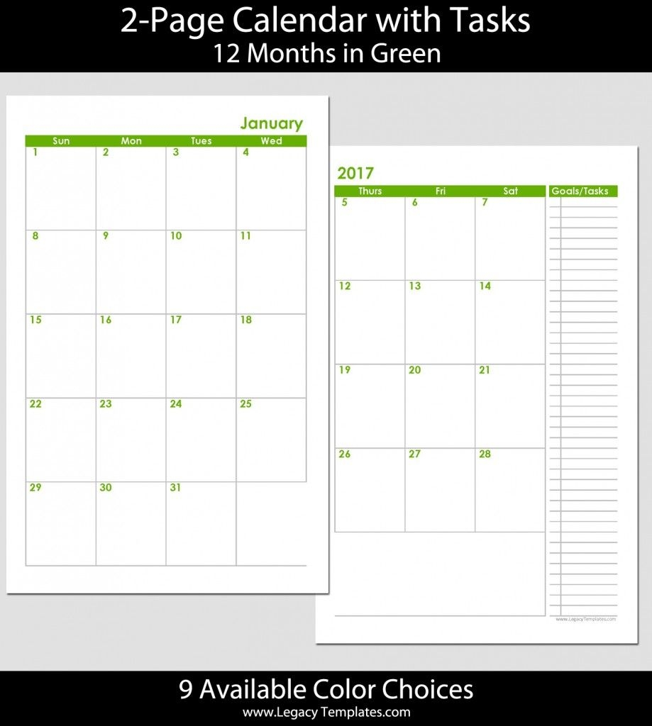 2015 12-Month 2 Page Calendar - Half Size | Legacy Templates