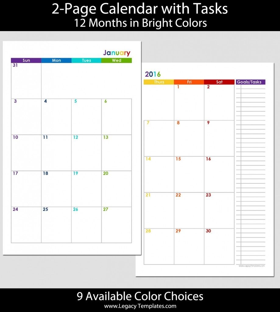 2015 12-Month 2 Page Calendar - Half Size | Legacy Templates