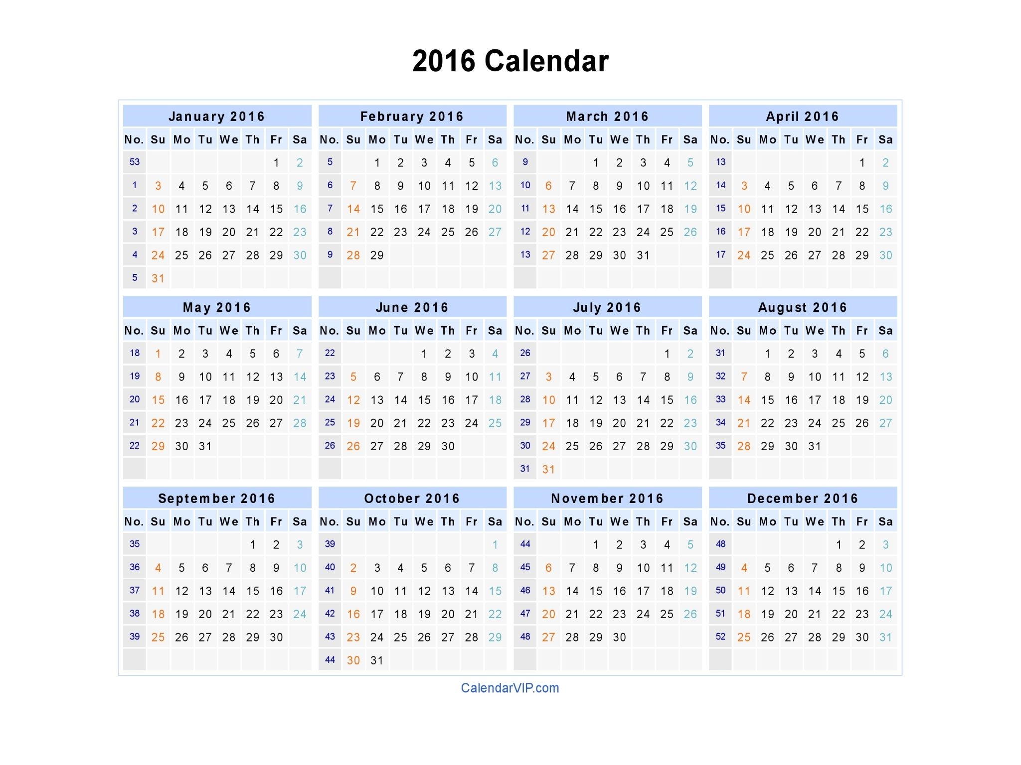 2016 Calendar - Blank Printable Calendar Template In Pdf