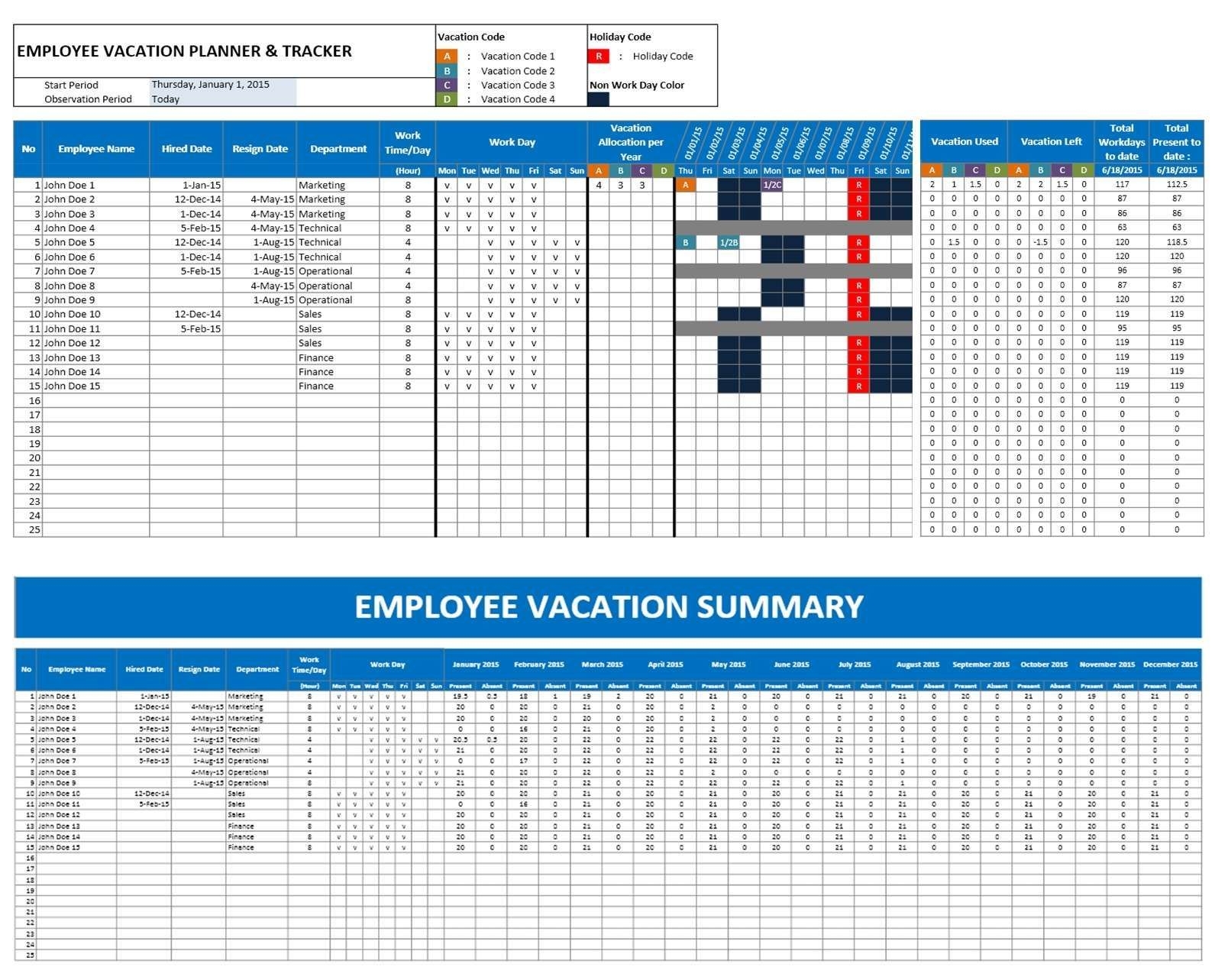 2016 Emploee Vacation Time Off Calendar Excel | Excel