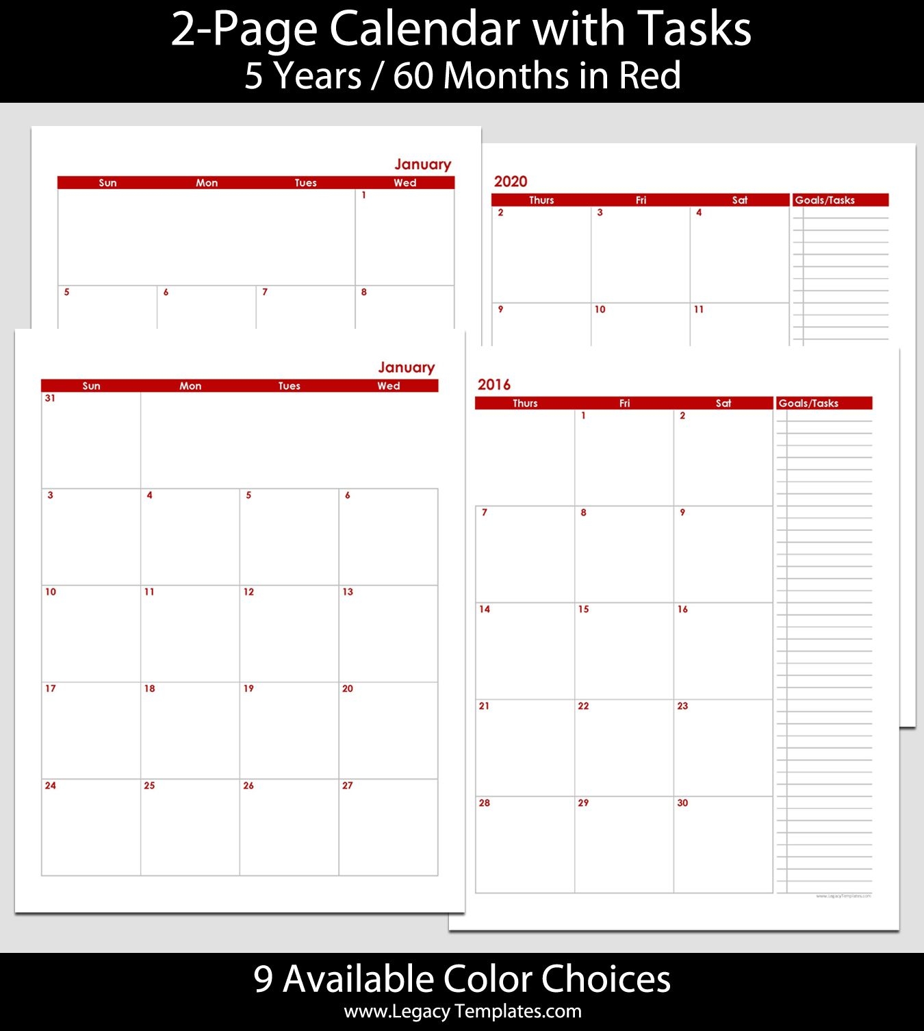 2016 Thru 2020 60-Month 2-Page Calendar – 8 1/2″ X 11