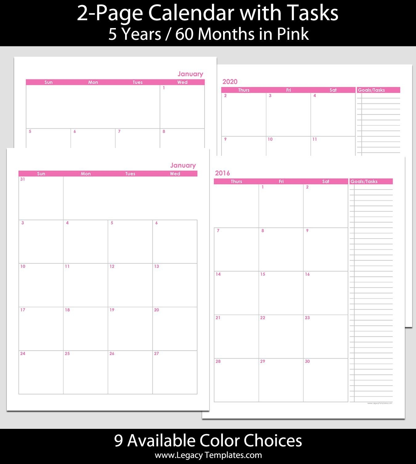 2016 Thru 2020 60-Month 2-Page Calendar – 8 1/2″ X 11″. The