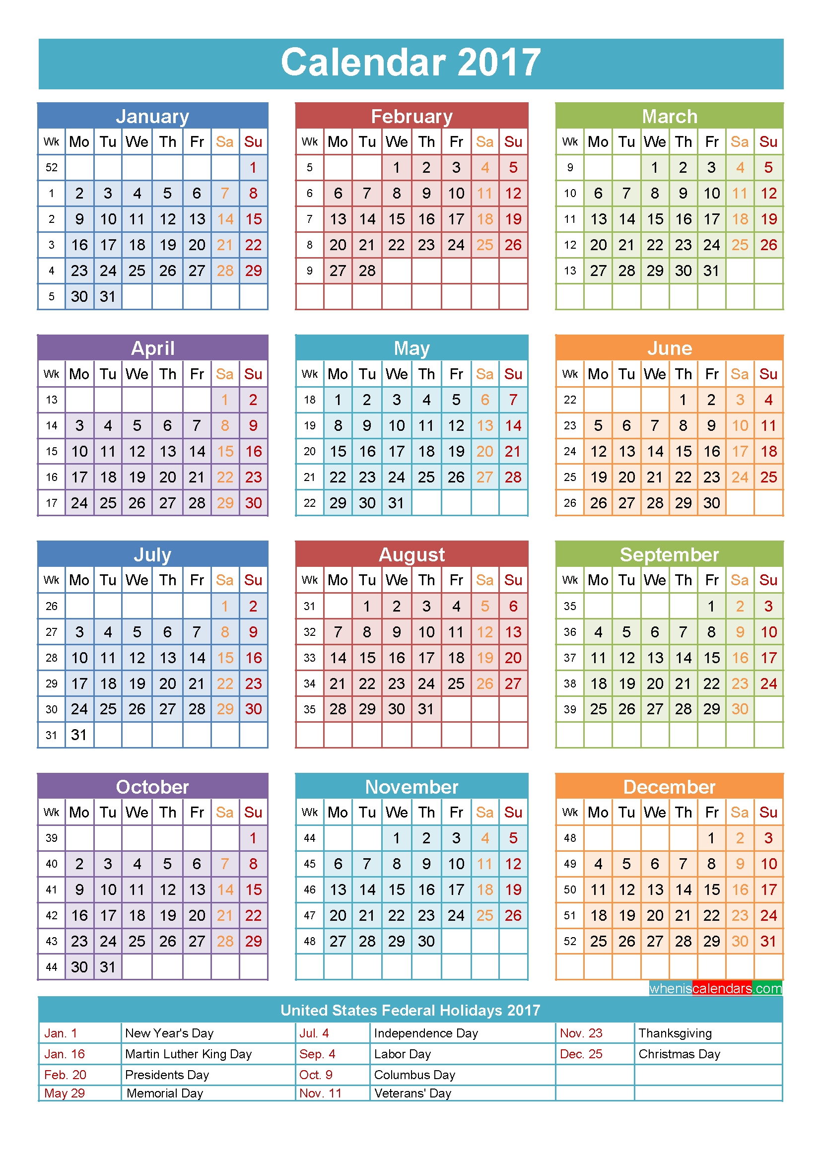 2017 Calendar With Holidays Printable Yearly Calendar