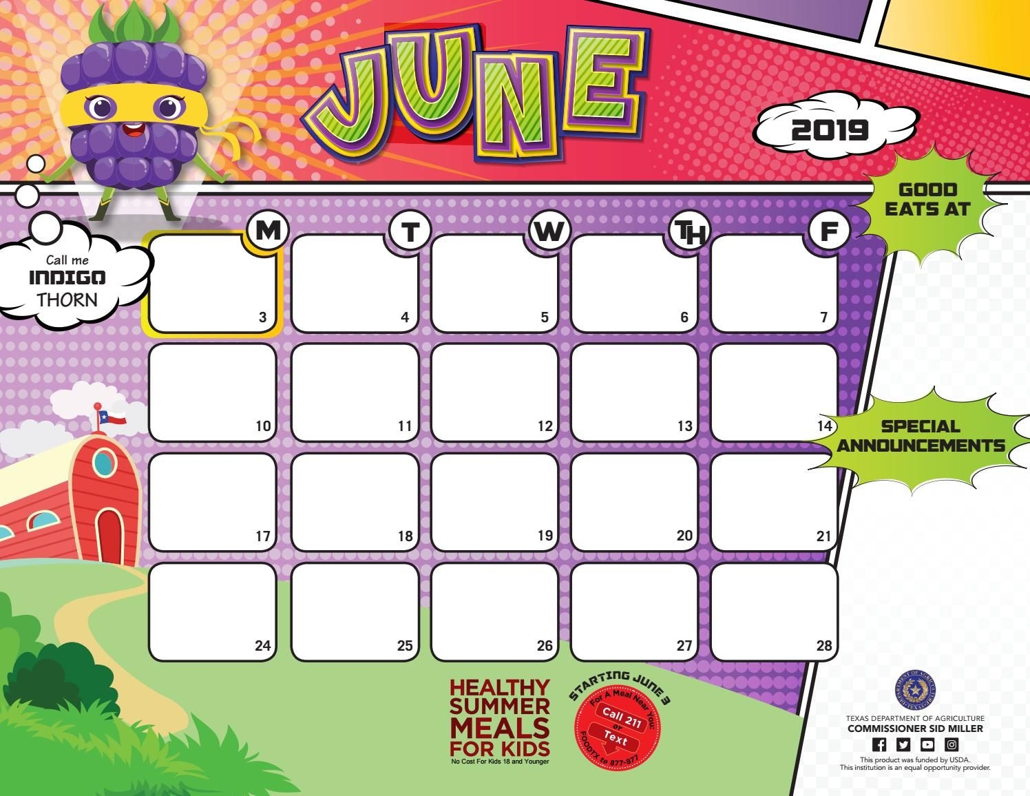 2018-19 June Menu Calendar Templates And Fun Facts For