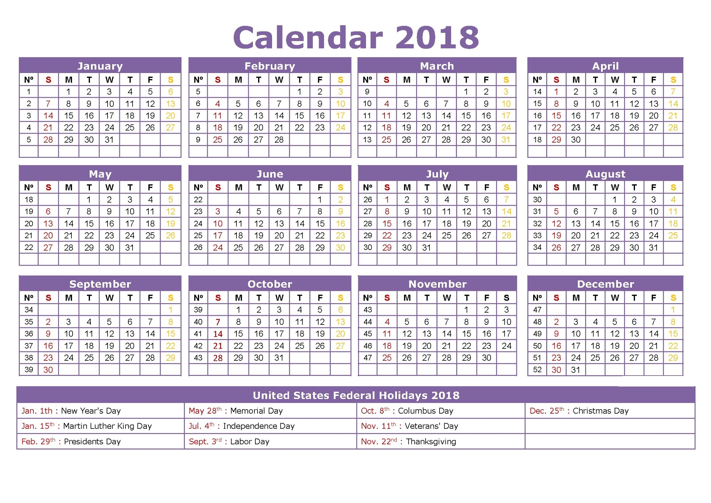 2018 Calendar With Week Numbers Printable | Calendar Shelter