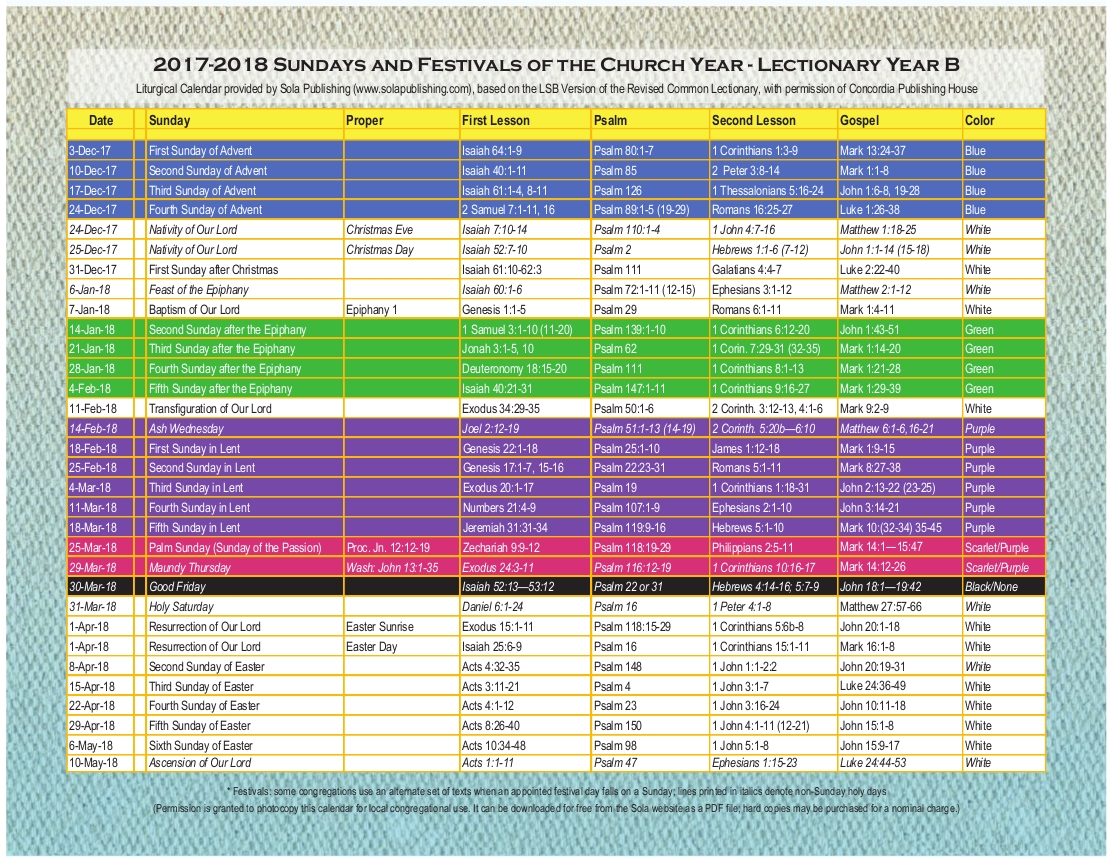 2018 Liturgical Calendar (Year B) K-2018 | Sola Publishing