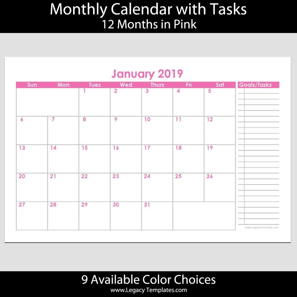 2019 12-Month Landscape Calendar With Tasks – 5.5 X 8.5