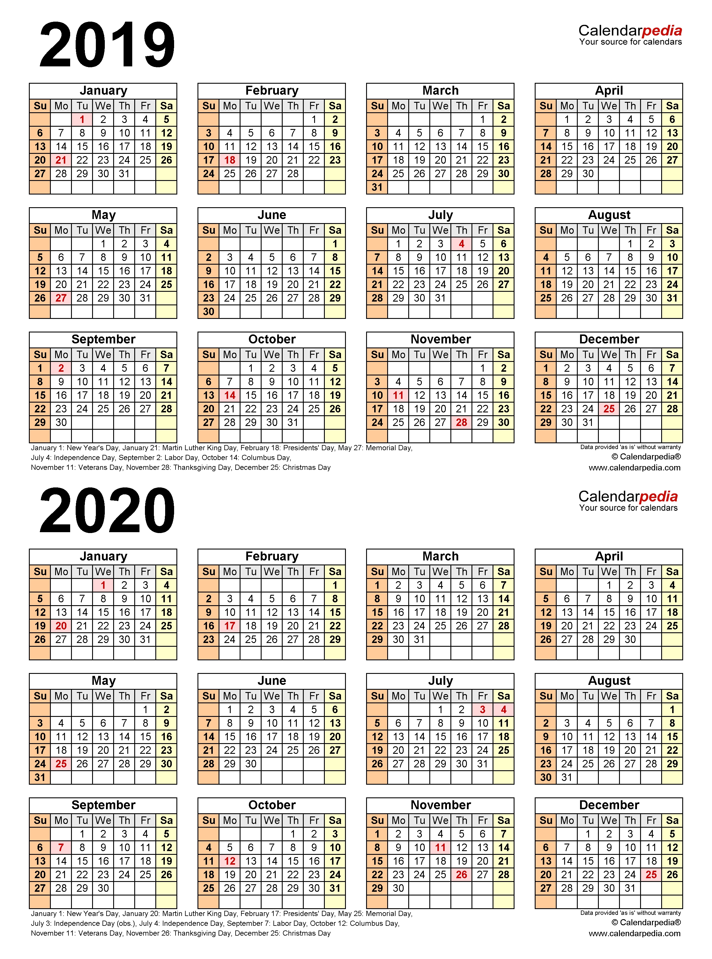 2019-2020 Two Year Calendar - Free Printable Pdf Templates