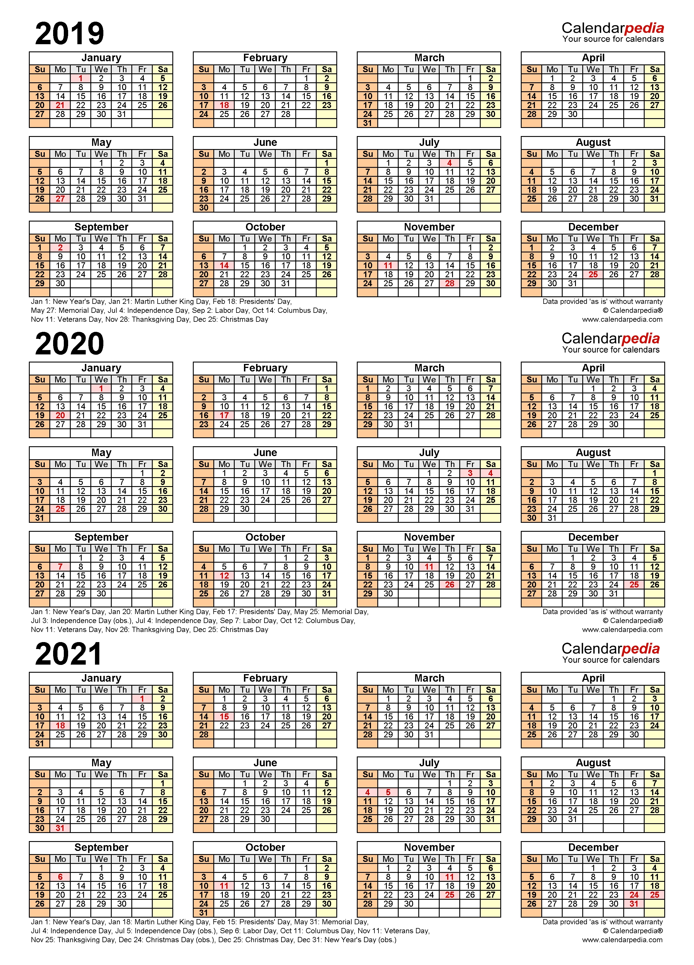 2019-2021 Three Year Calendar - Free Printable Pdf Templates