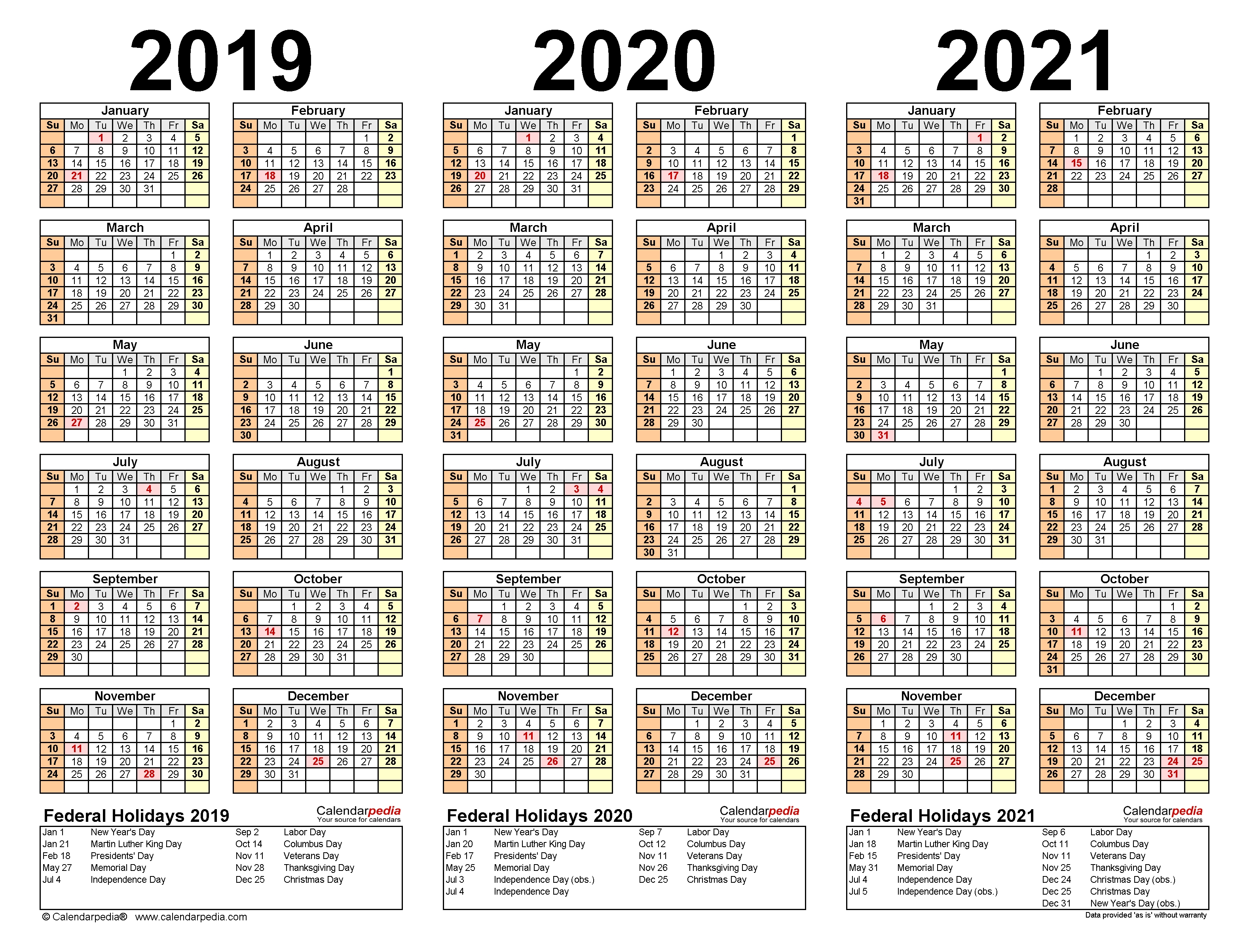 2019-2021 Three Year Calendar - Free Printable Pdf Templates