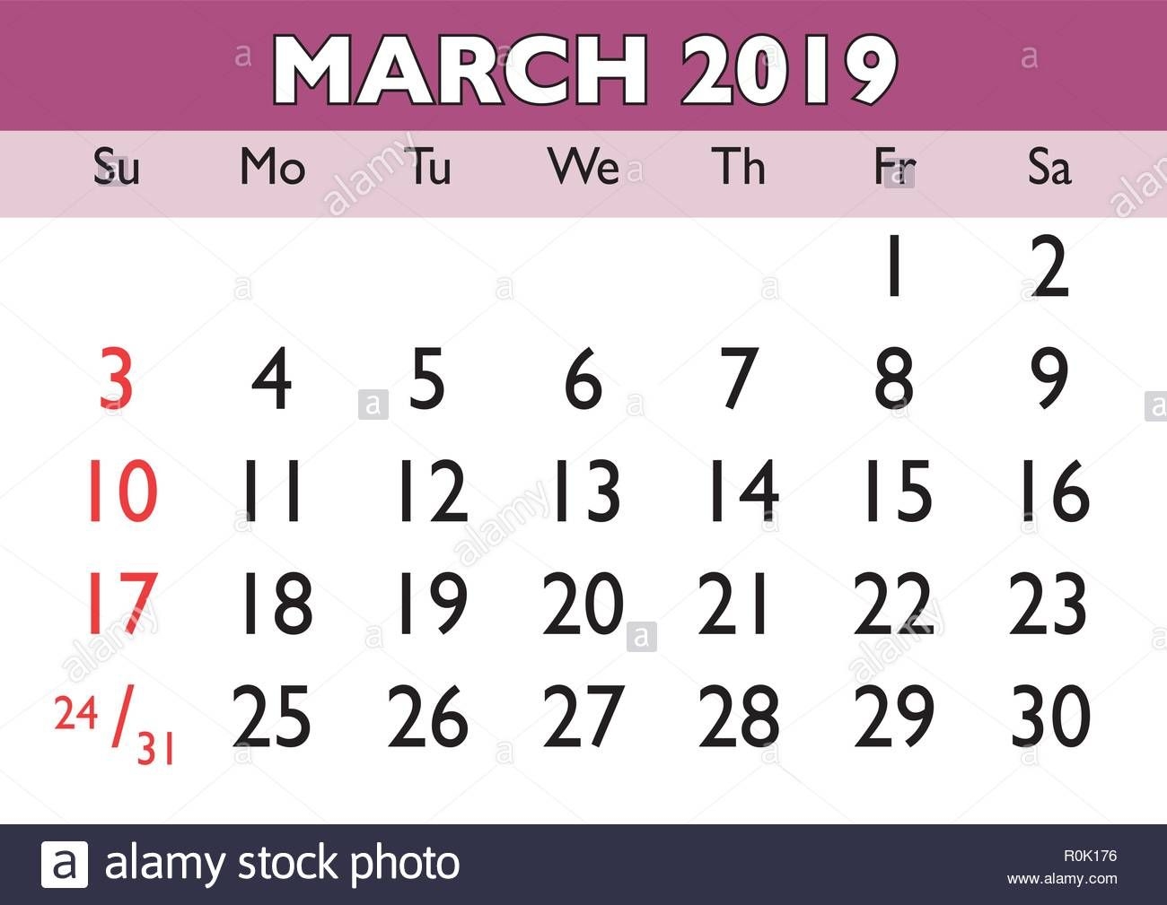 2019 Calendar March Month. Vector Printable Calendar