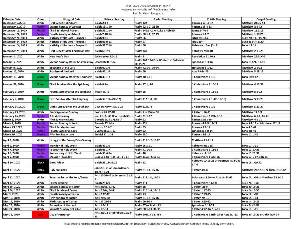 2019 ‐ 2020 Liturgical Calendar (Year A) - Christian