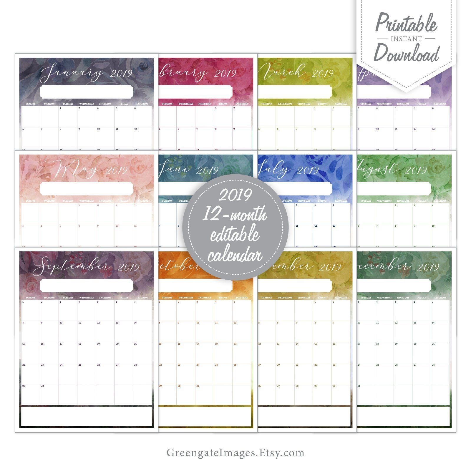 2019 Editable Calendar - Fillable Calendar, 12 Month