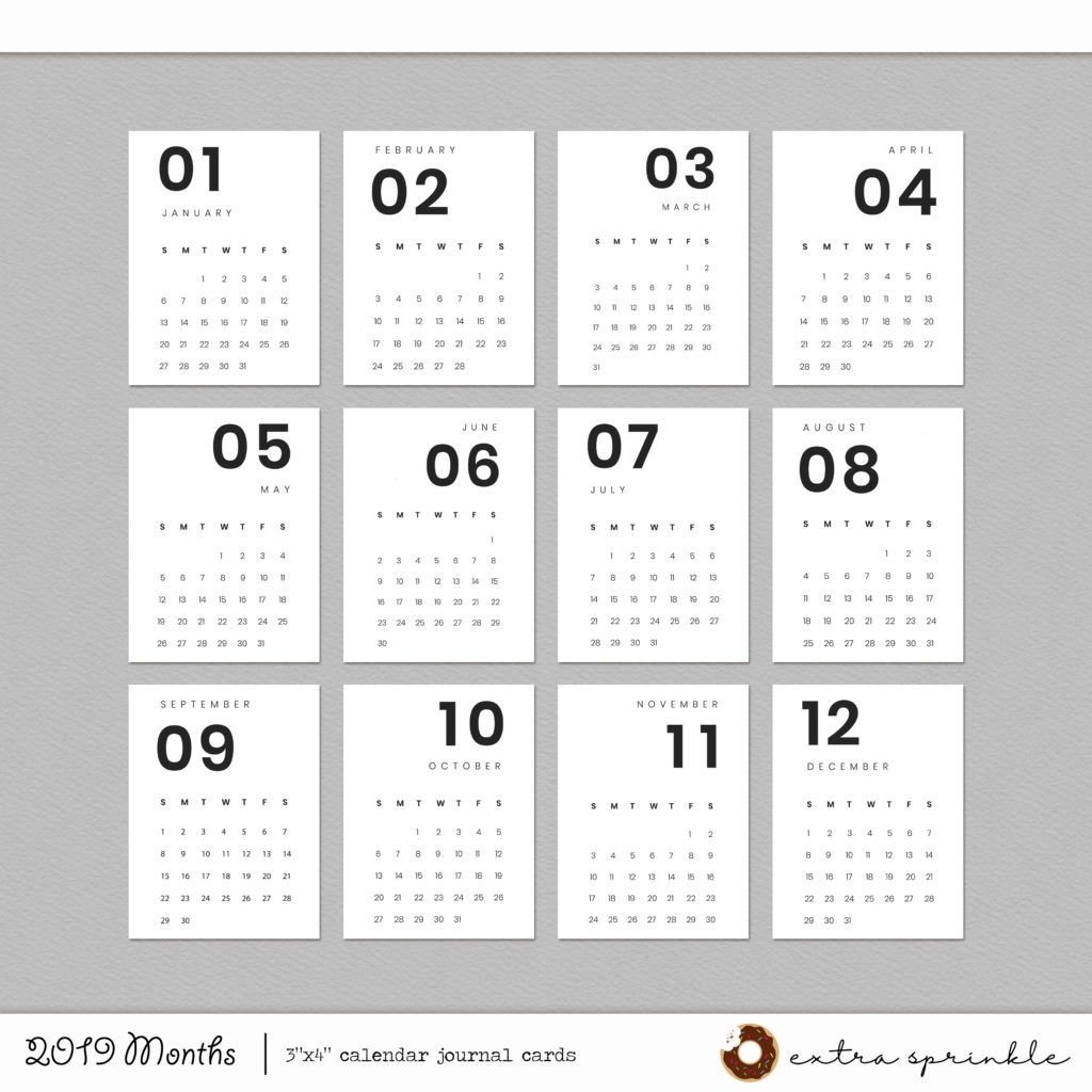 2019 Month Calendars Journal Cards (Free Download) – Extra