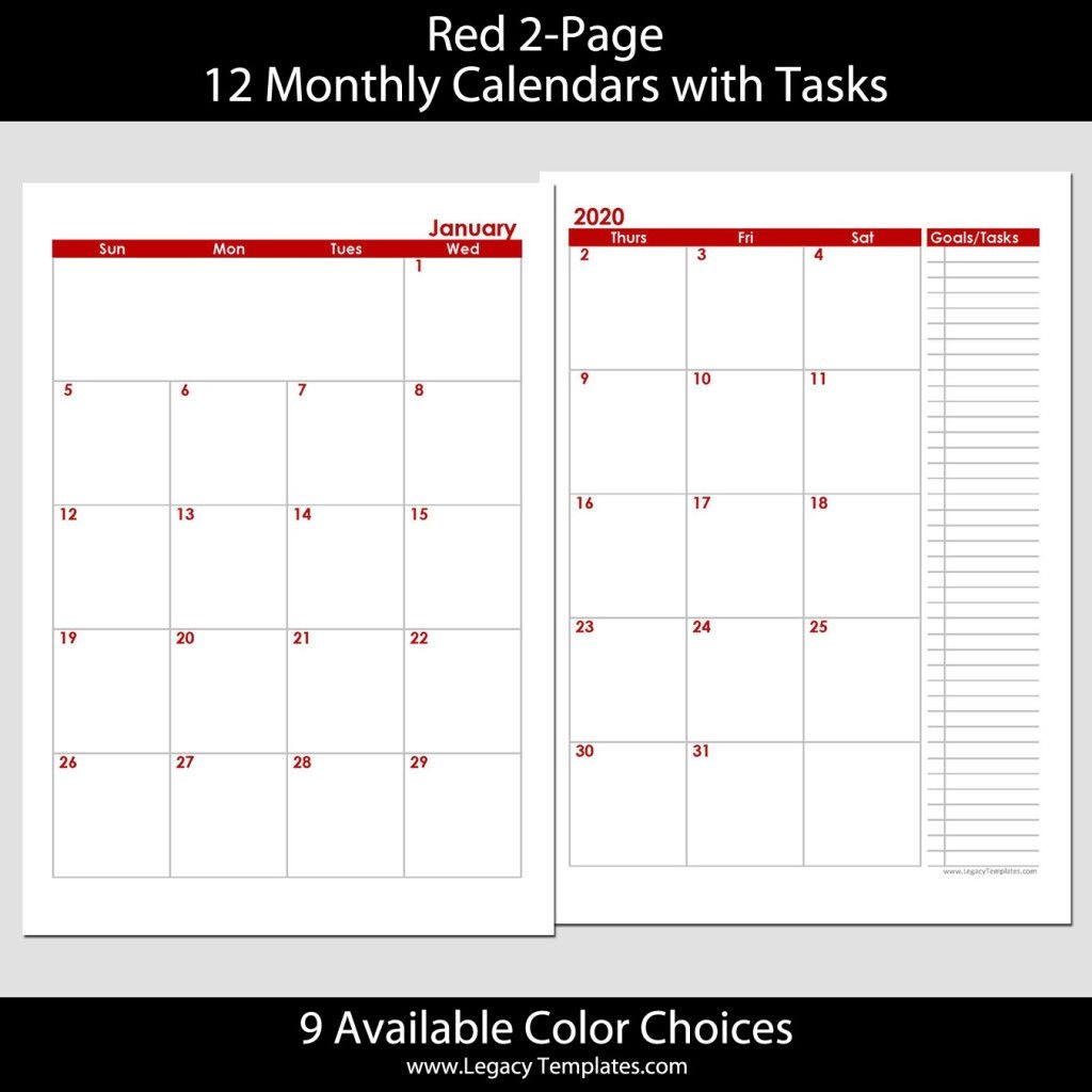 2020 12-Months 2-Page Calendar – A5 | Legacy Templates