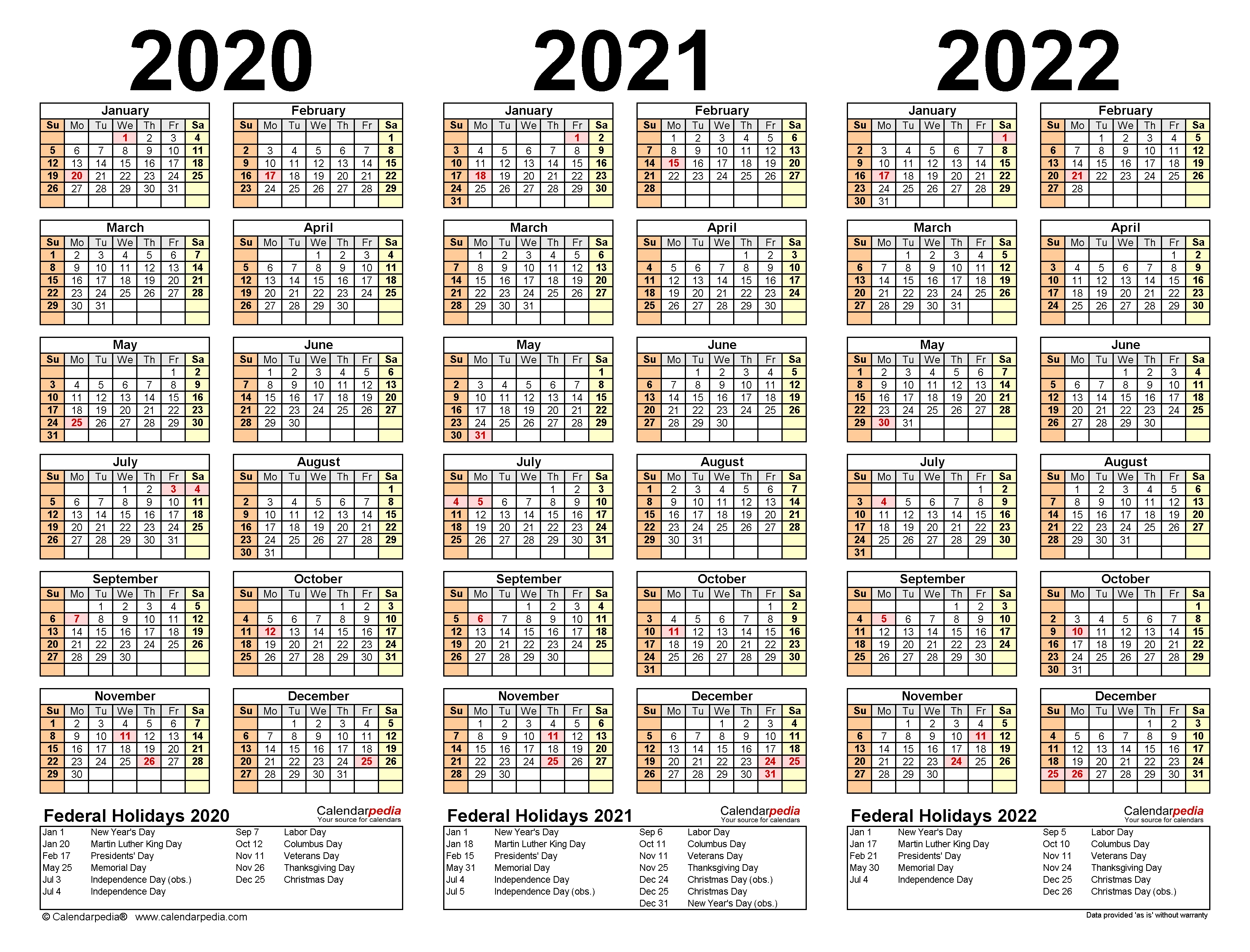 2020-2022 Three Year Calendar - Free Printable Pdf Templates