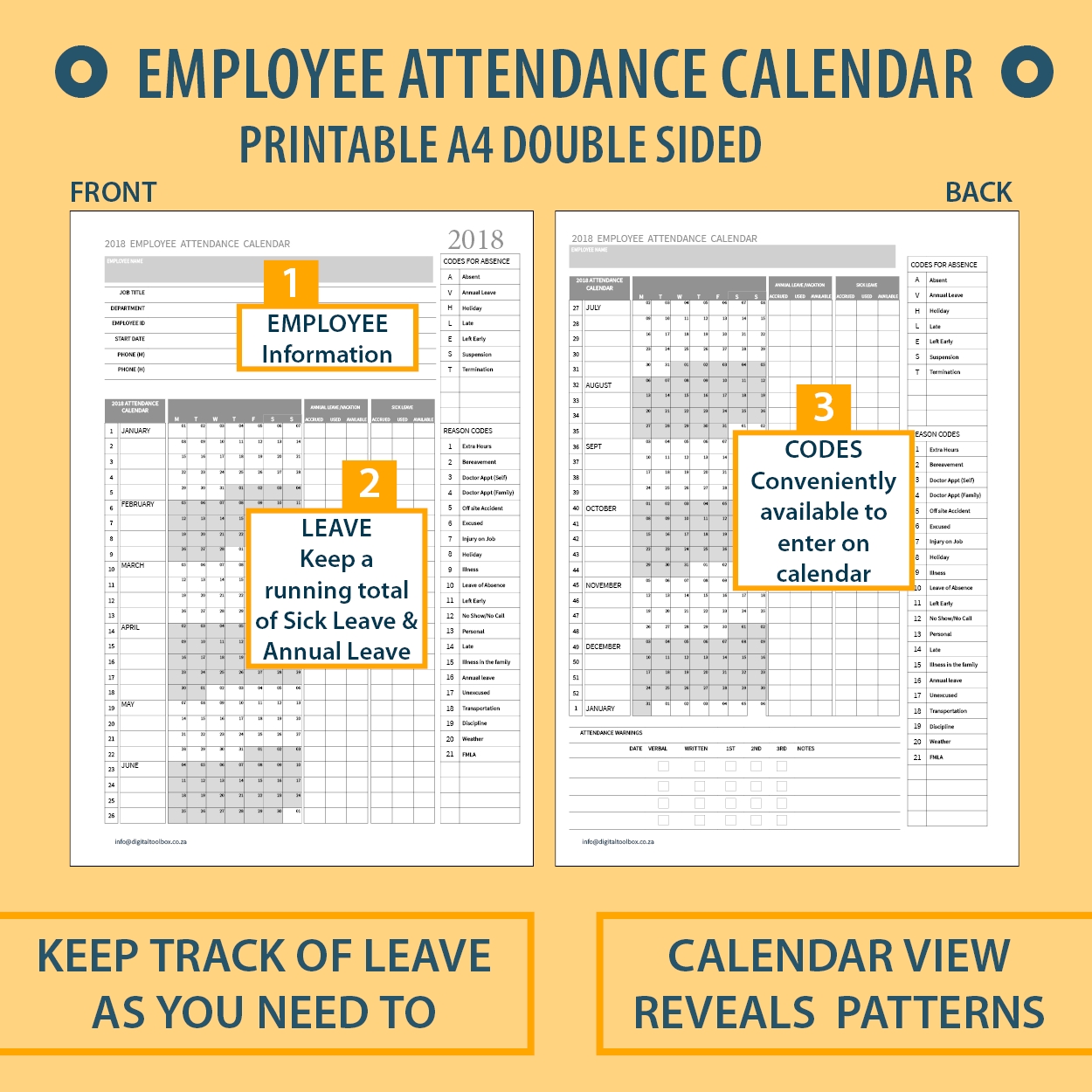 2020 A4 Printable Employee Attendance Calendar/tracker For