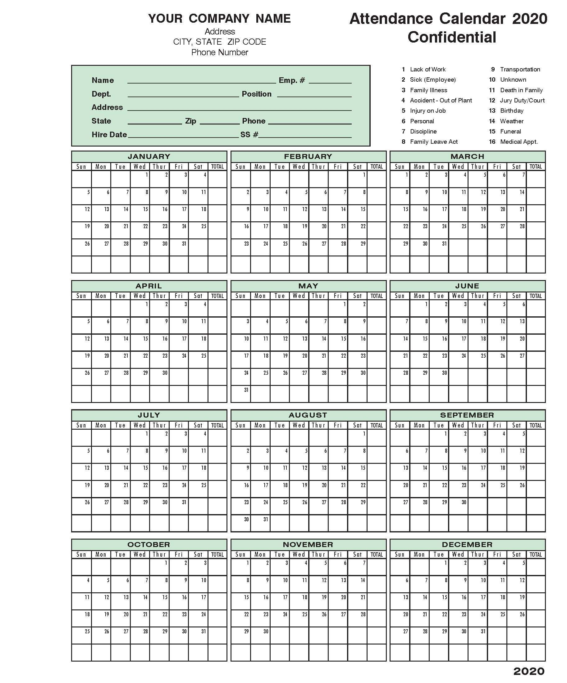 2020 Attendance Calendar In 2020 | Calendar, Vacation