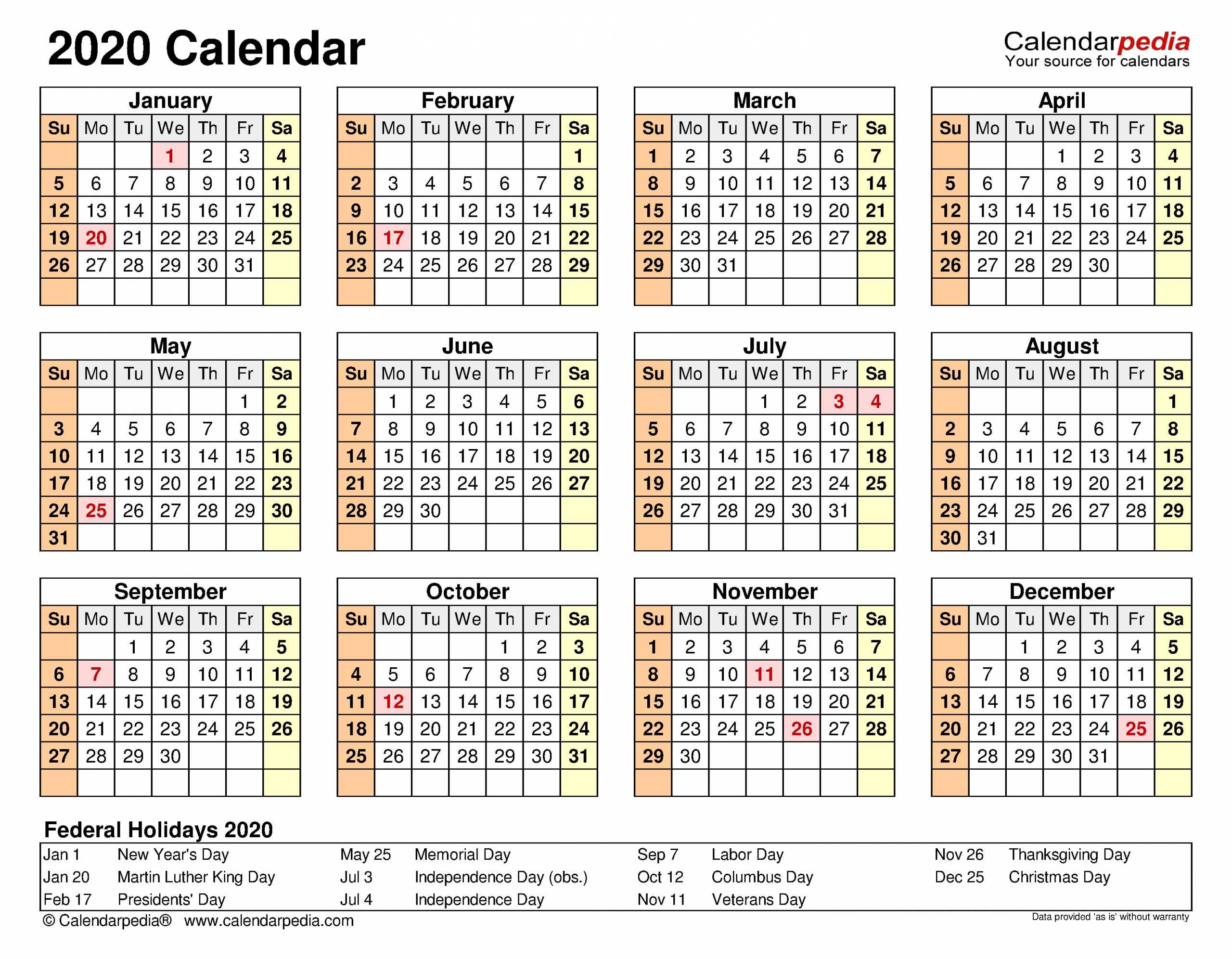 2020 Calendar - Free Printable Microsoft Excel Templates