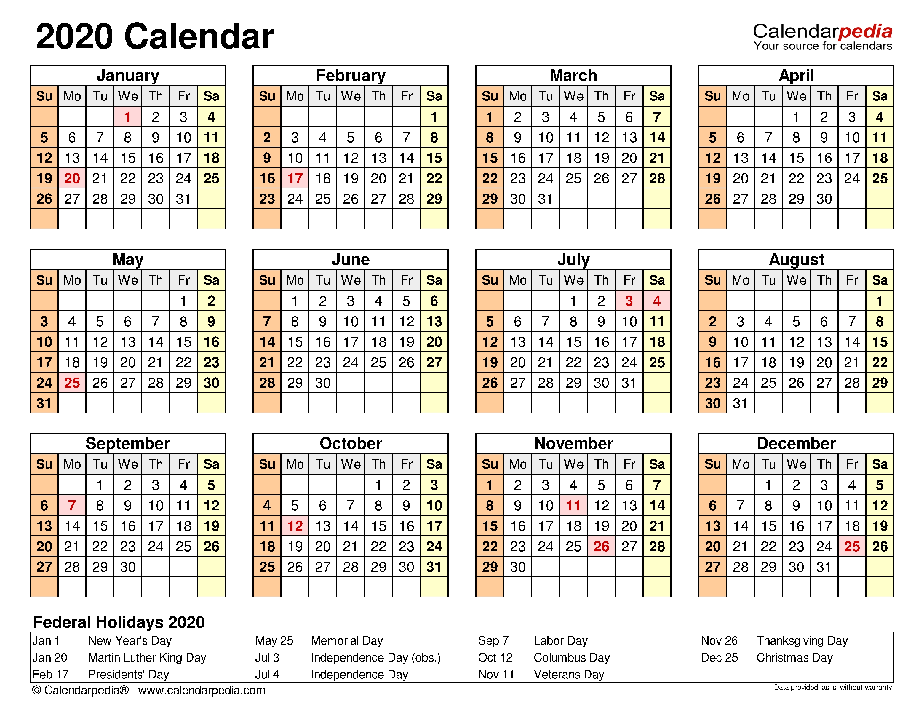 2020 Calendar - Free Printable Microsoft Excel Templates