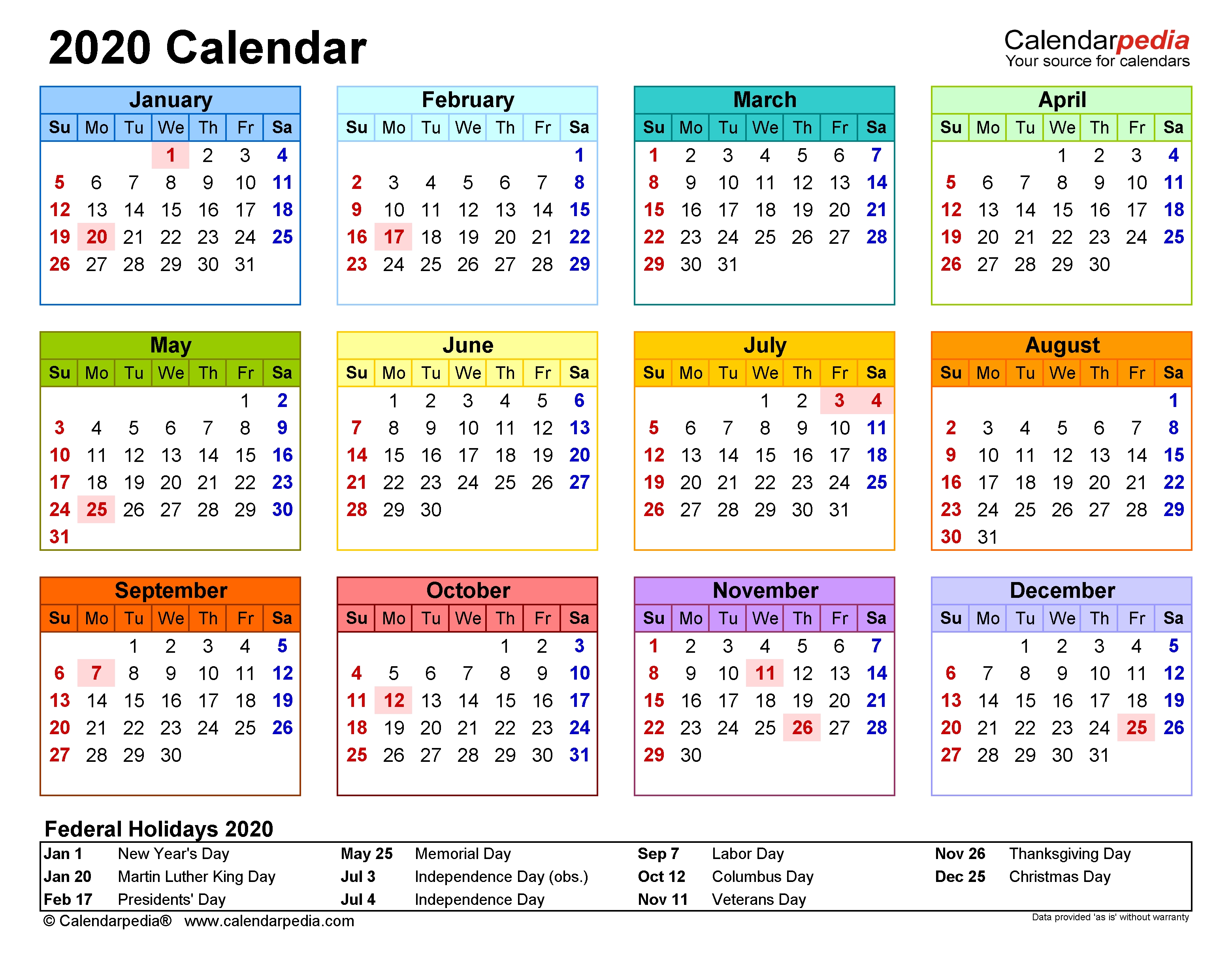 2020 Calendar - Free Printable Microsoft Excel Templates