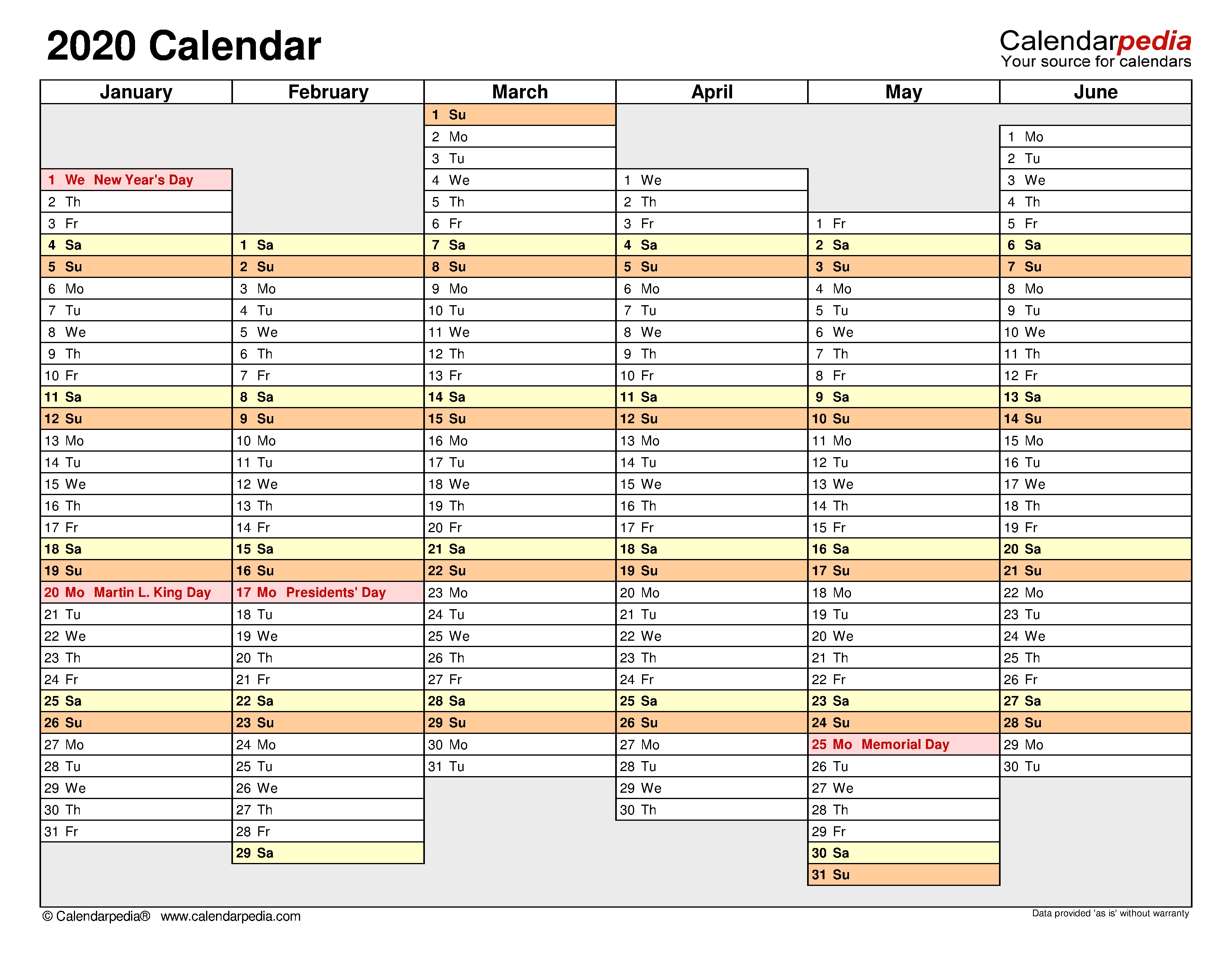 2020 Calendar - Free Printable Microsoft Excel Templates