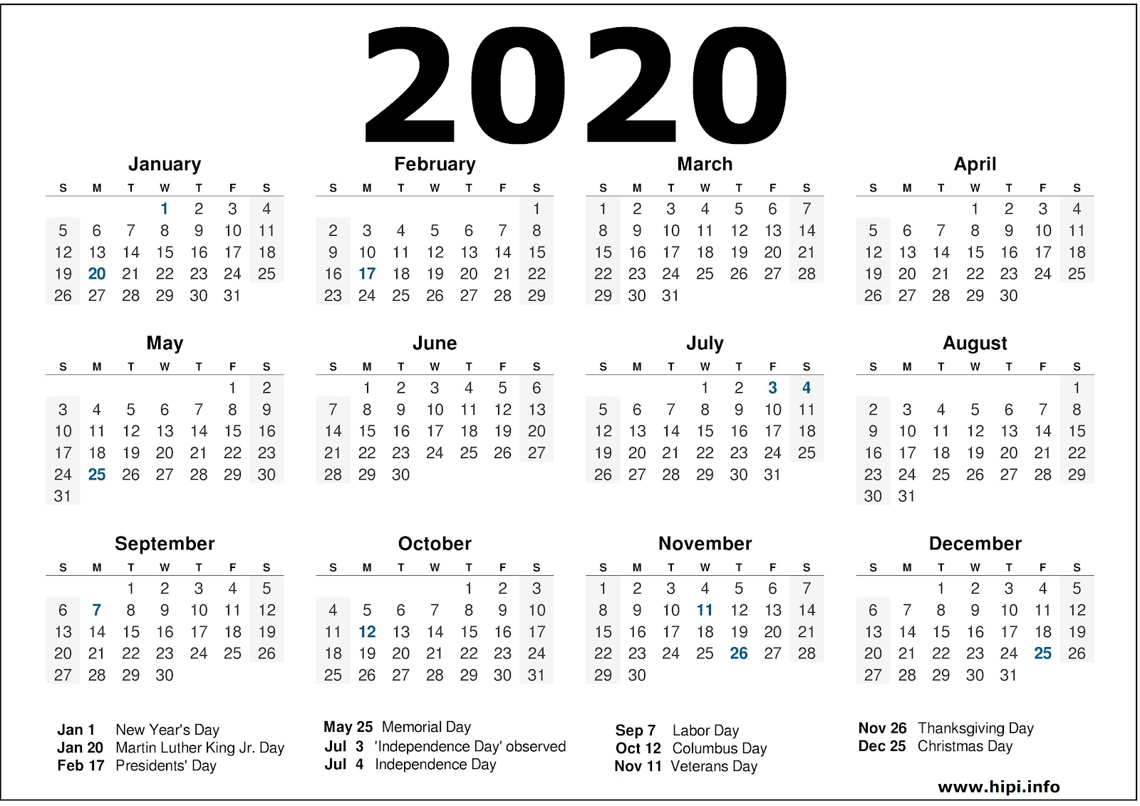 2020 Calendar Printable With Holidays - 2020 Calendar