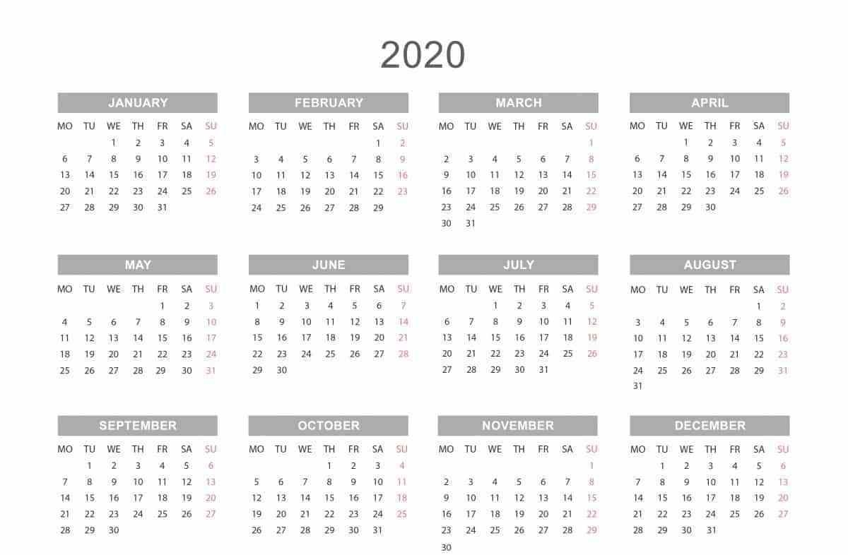 2020 Calendar Template Pdf, Word, Excel Free Download (With