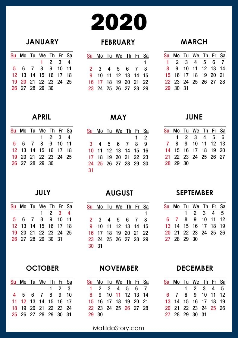 2020 Calendar With Holidays, Printable Free, Blue – Sunday