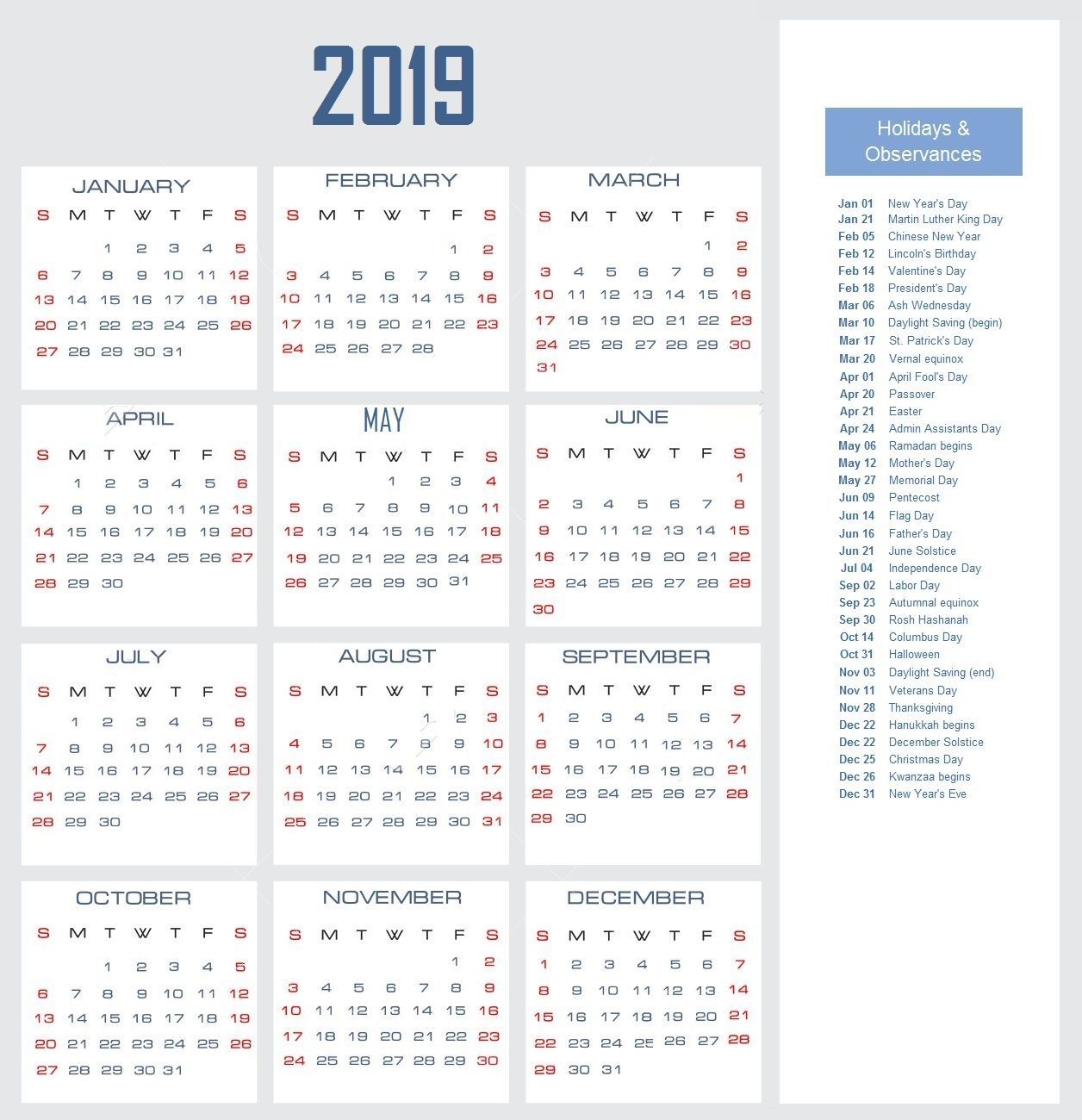 2020 Calendar With Holidays Usa, Uk, Canada, Australia