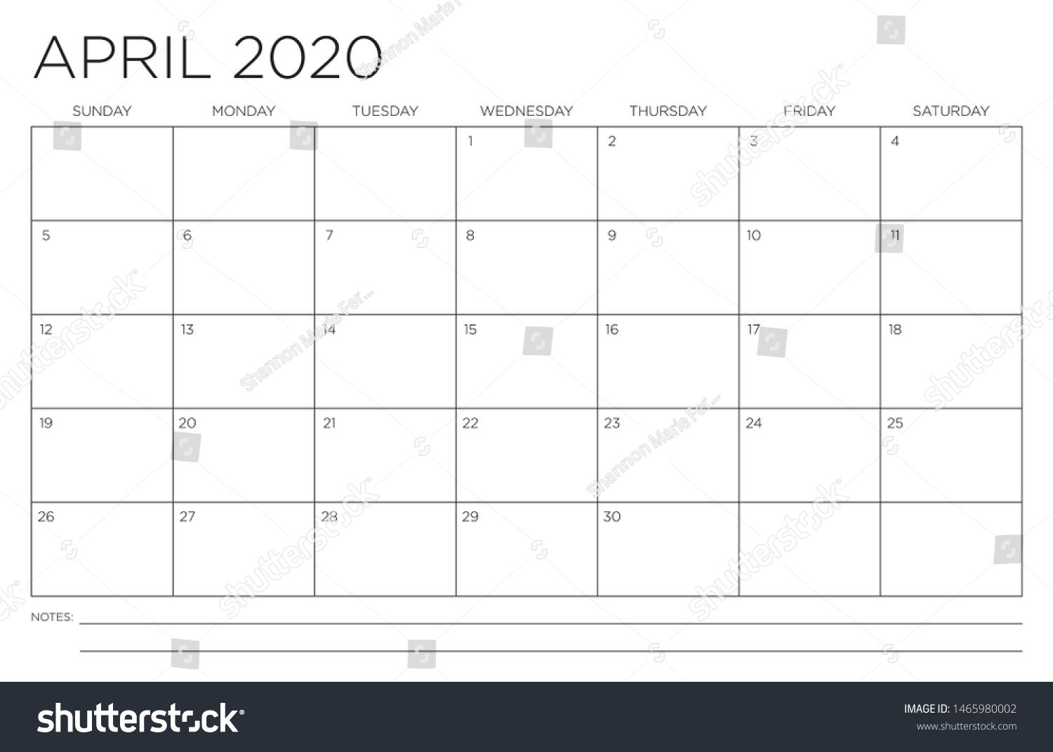 2020 Month April Calendar Fits 11X17 Stock Vector (Royalty