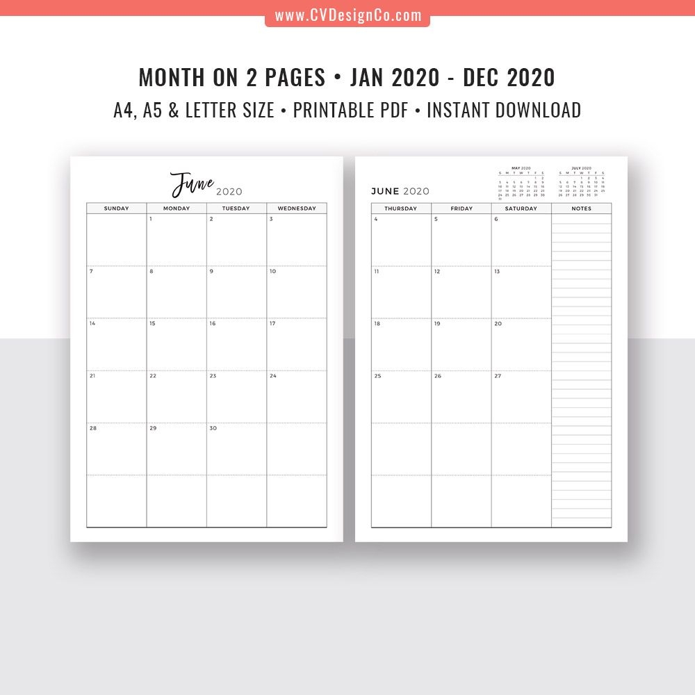 2020 Monthly Planner, 12 Month Calendar, Monthly Organizer, Month On 2  Pages, Printable Planner Inserts, Best Planner Template, Filofax A5, A4,  Letter