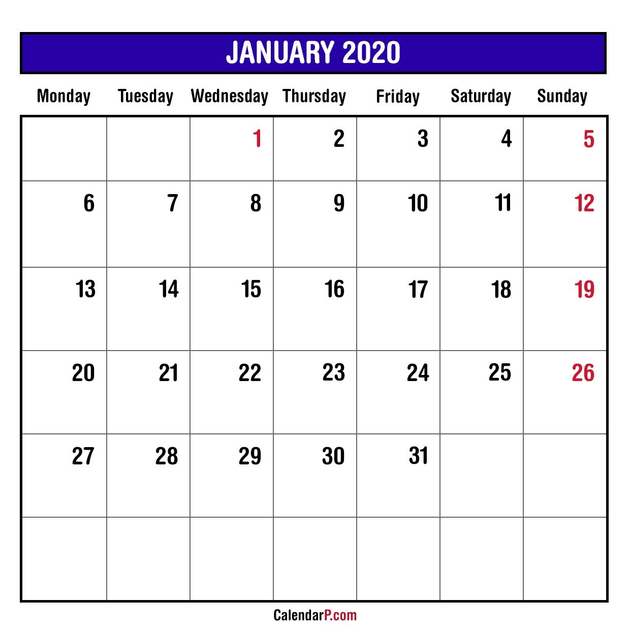 2020 Monthly Planner Printable Free – Monday Start, Blue