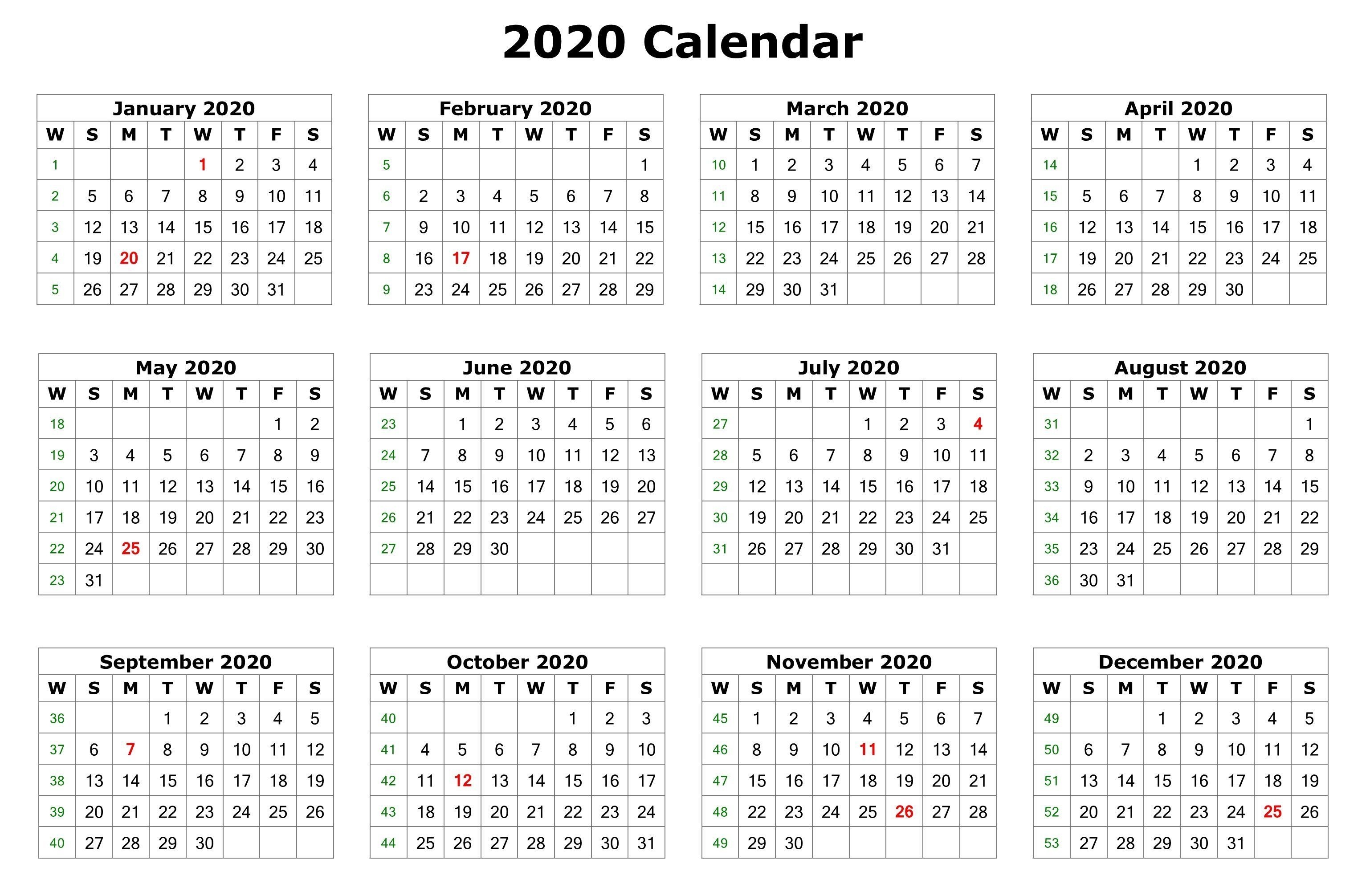 2020 One Page Calendar Printable (With Images) | Calendar