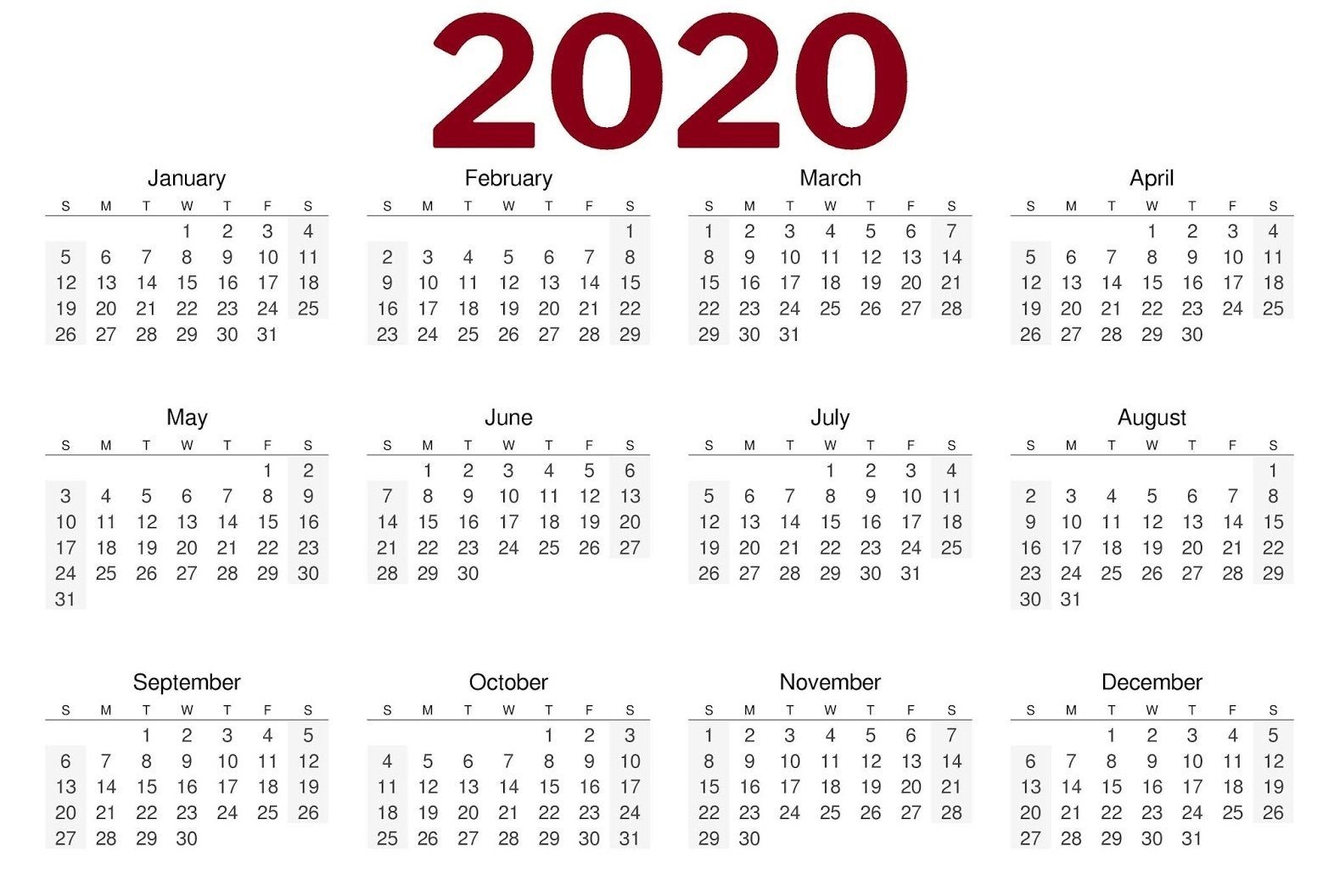 2020 One Page Calendar Printable (With Images) | Printable