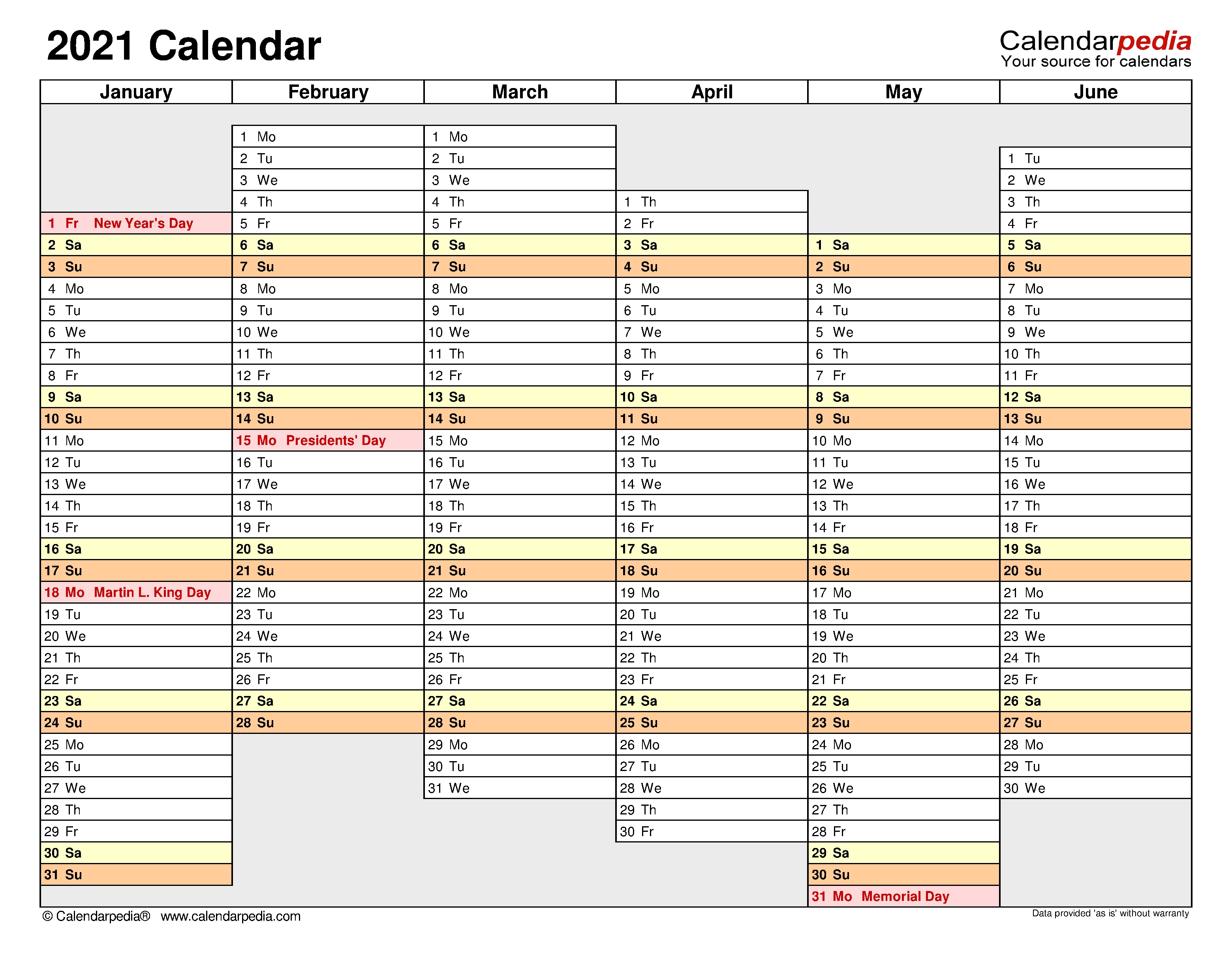 2021 Calendar - Free Printable Microsoft Excel Templates