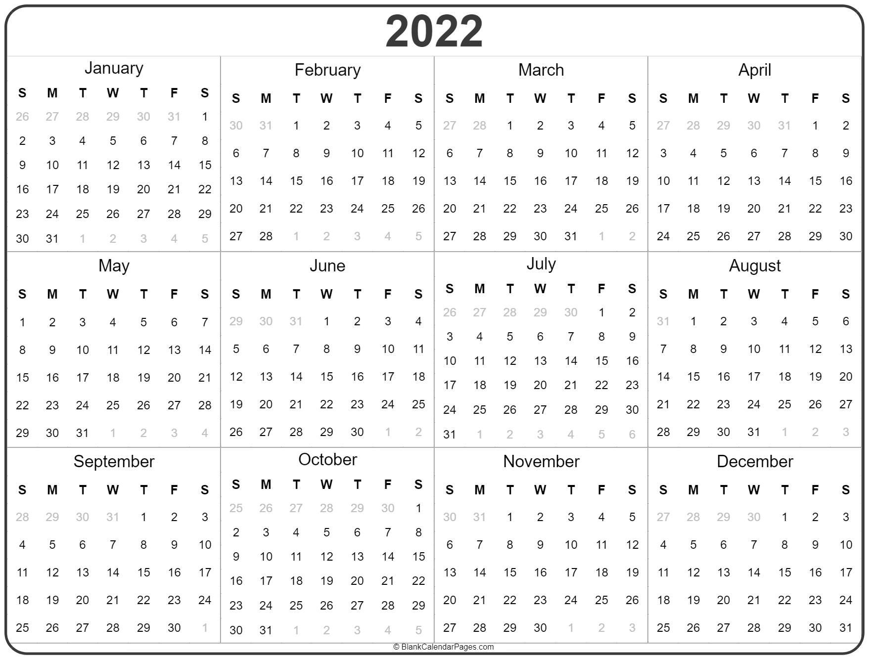 2022 Year Calendar | Yearly Printable