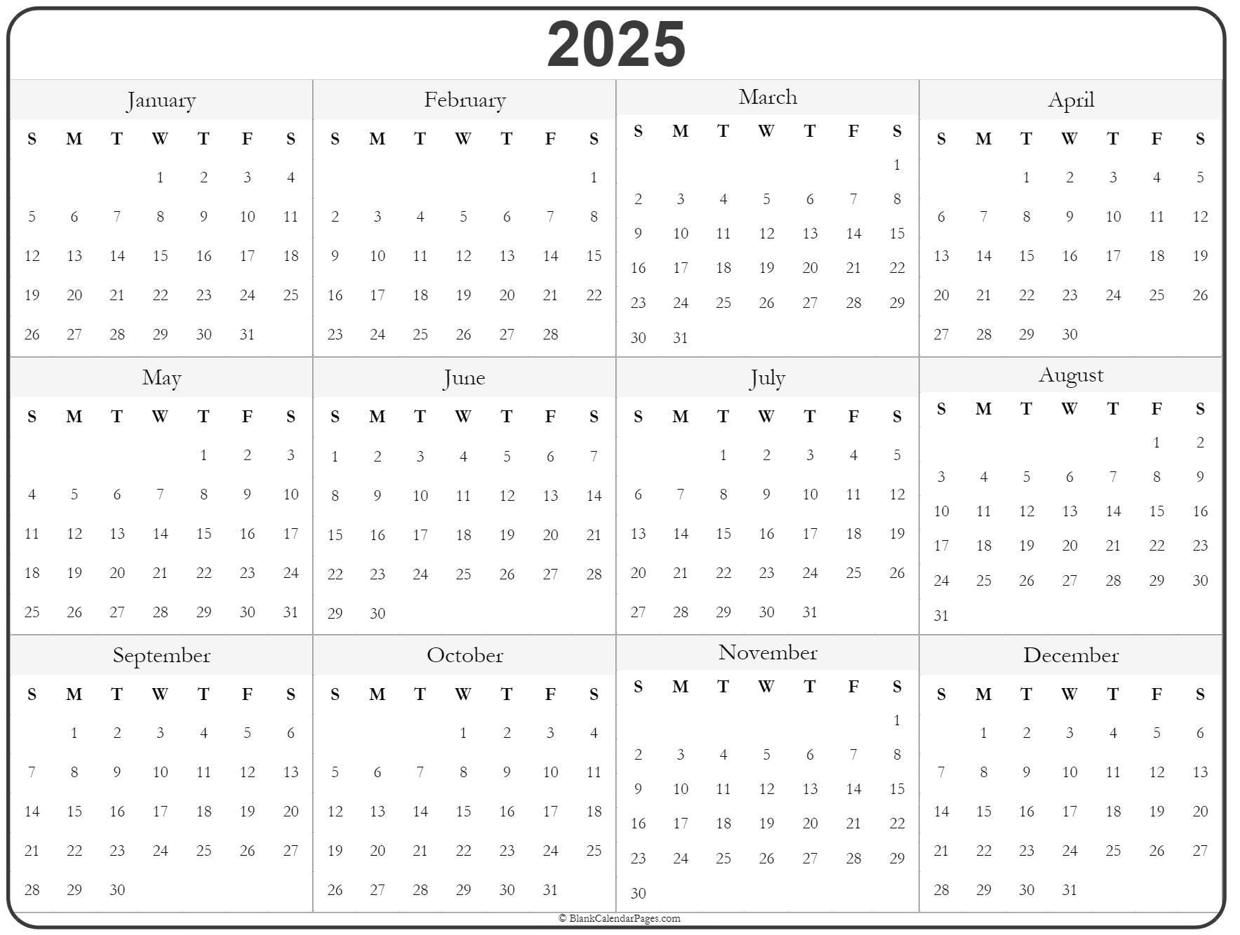 2025 Year Calendar | Yearly Printable