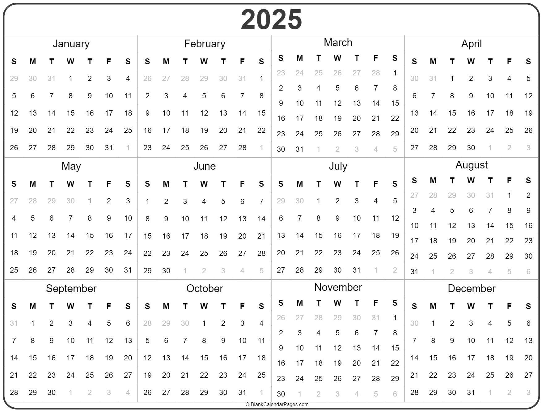 2025 Year Calendar | Yearly Printable