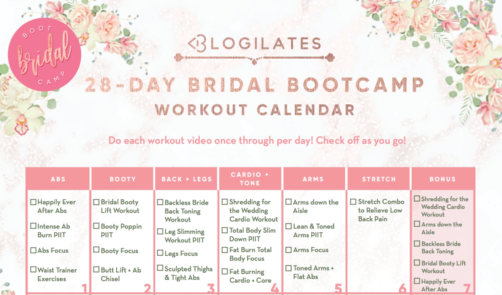 28-Day Bridal Bootcamp Workout Calendar – Blogilates