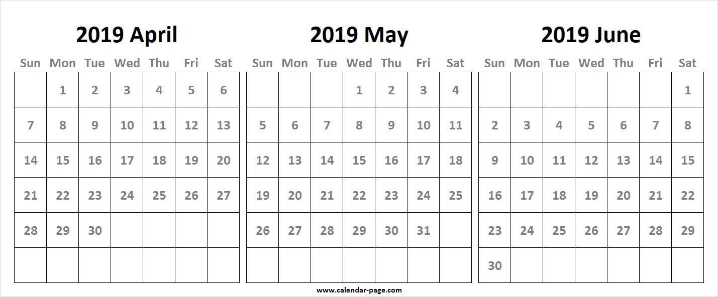 3 Month Calendar 2019 April May June | Blank 3 Month Calendar