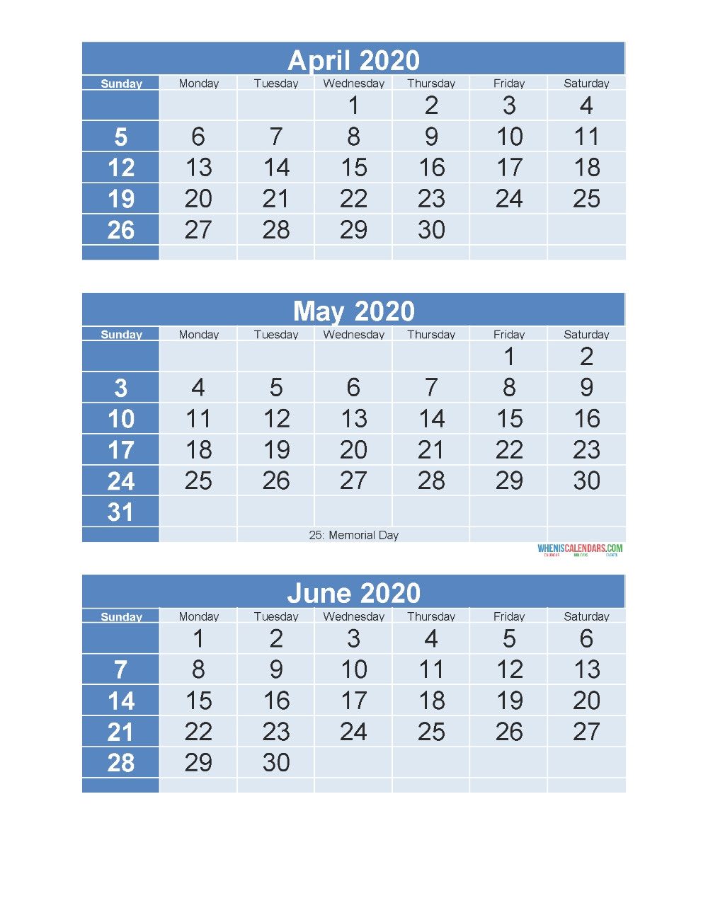 3 Month Calendar 2020 Printable April May June Printable