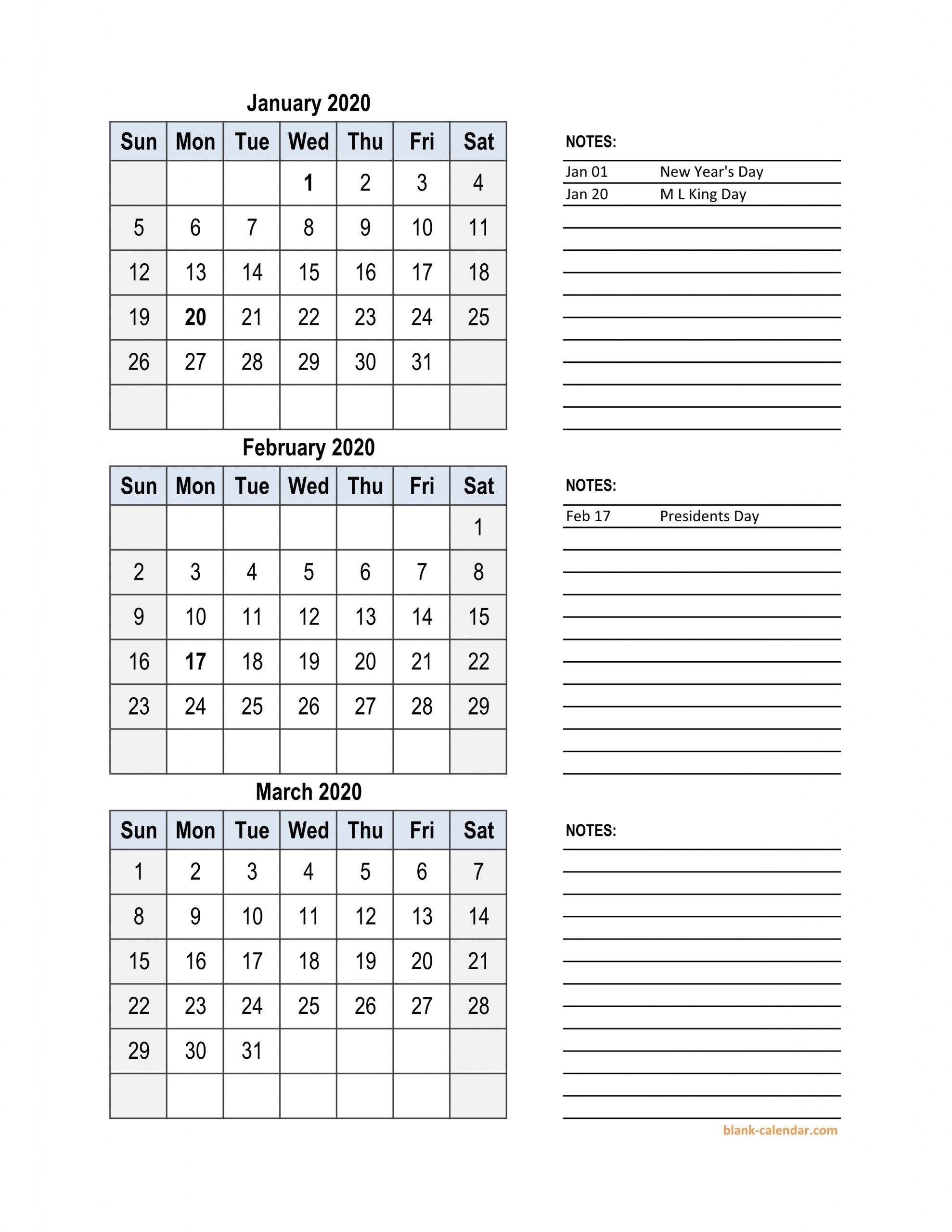 3 Monthly Calendar 2020 | Monthly Calendar Blank 2020