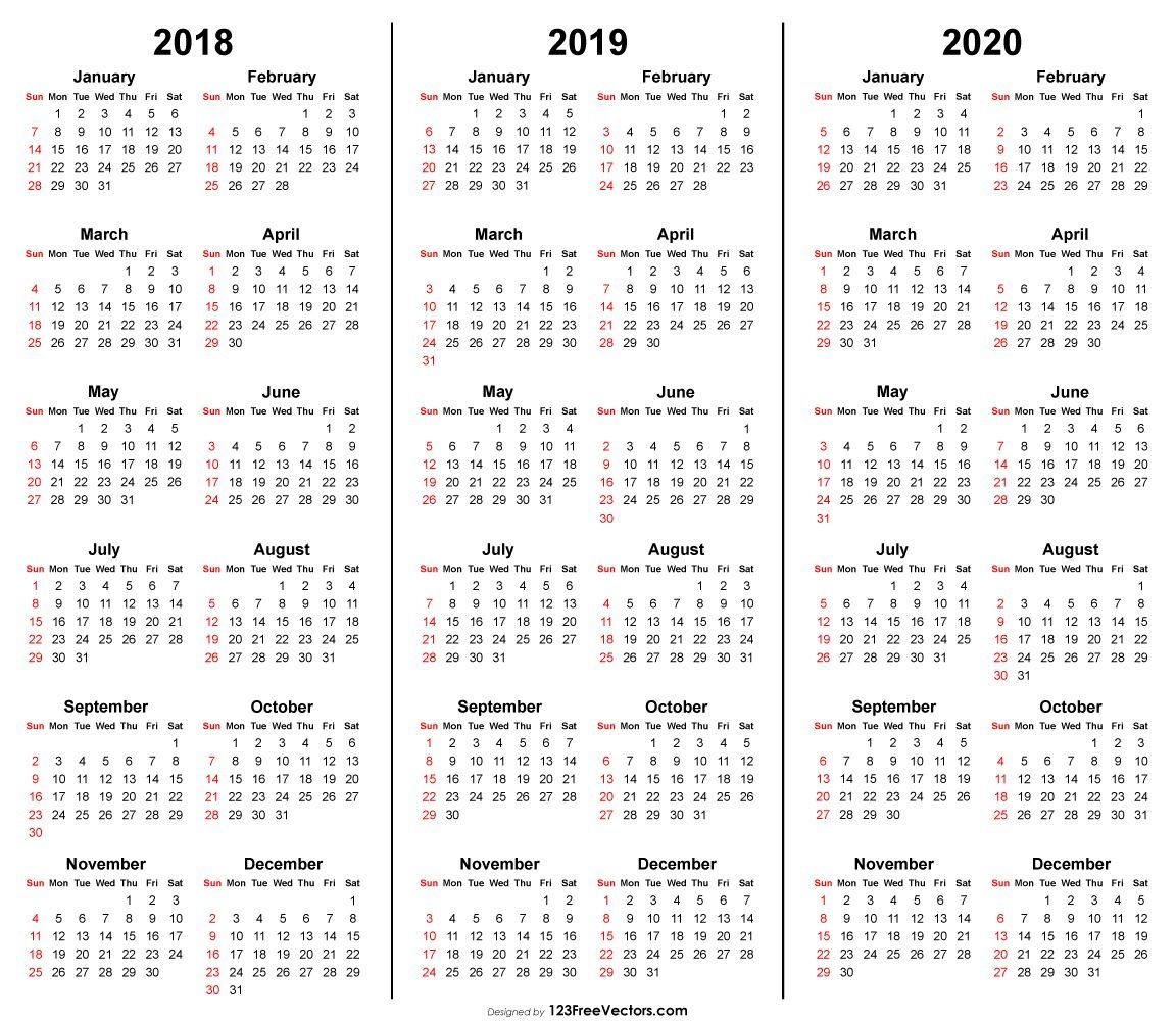 3 Year Calendar 2018 2019 2020 Printable (С Изображениями
