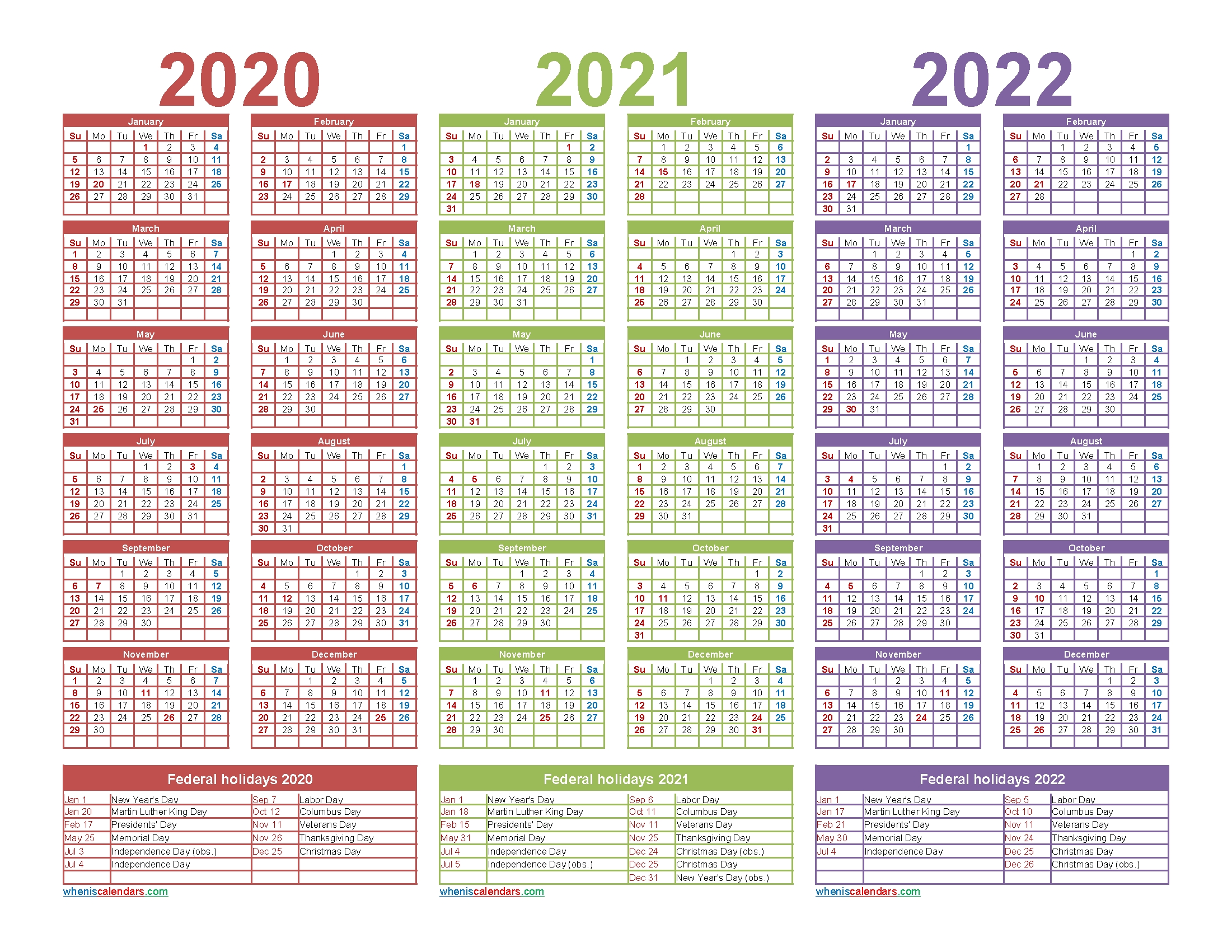 3 Year Calendar 2020 To 2022 Printable | Free Printable 2020