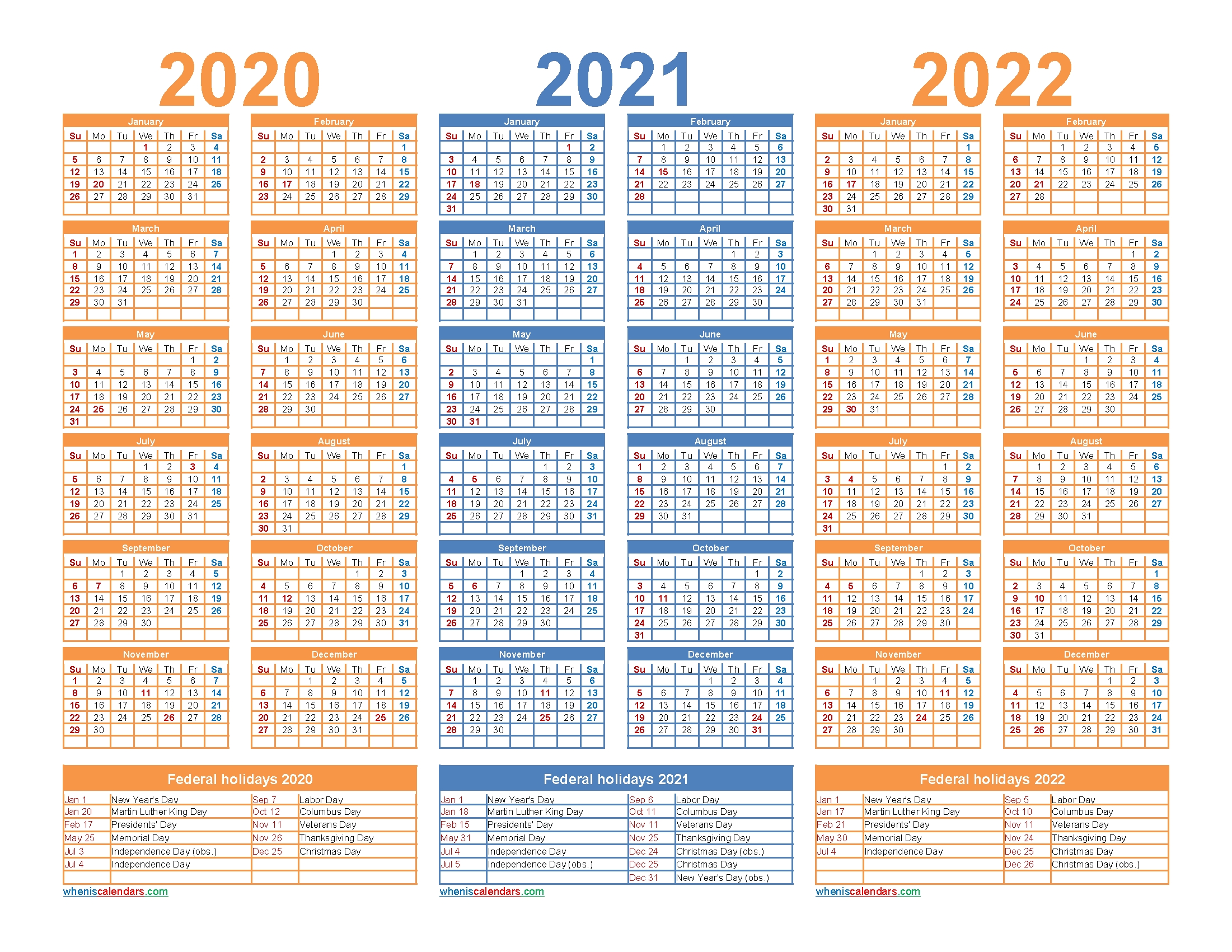 3 Year Calendar 2020 To 2022 Printable | Free Printable 2020
