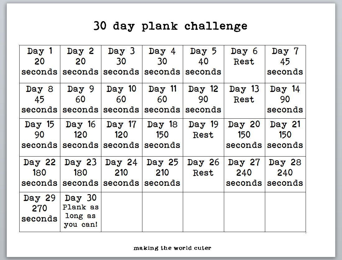 30 Day Plank Challenge Chart | Plank Challenge Chart, 30 Day