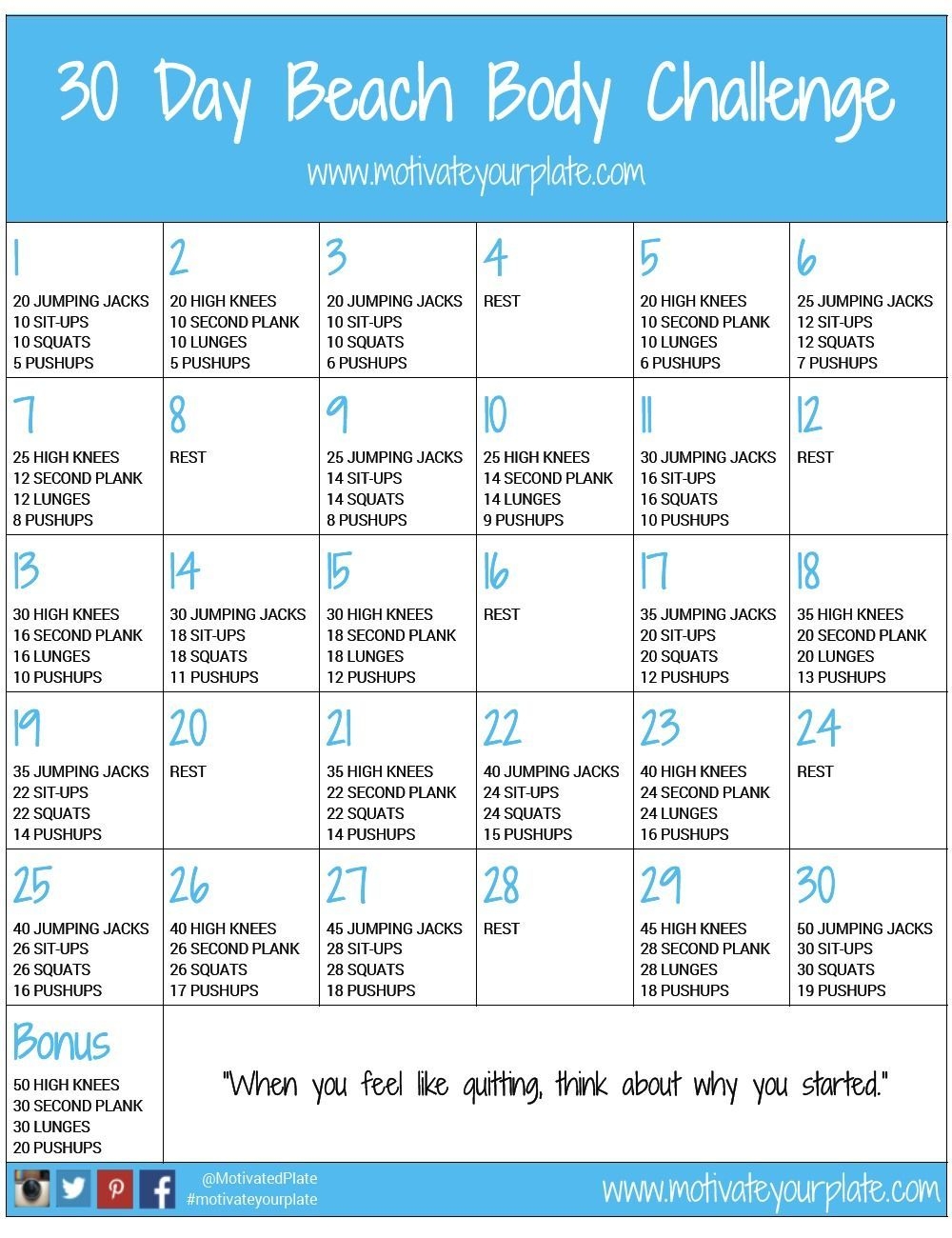 30 Day Printable Workout Schedule | 30 Day Beach Body